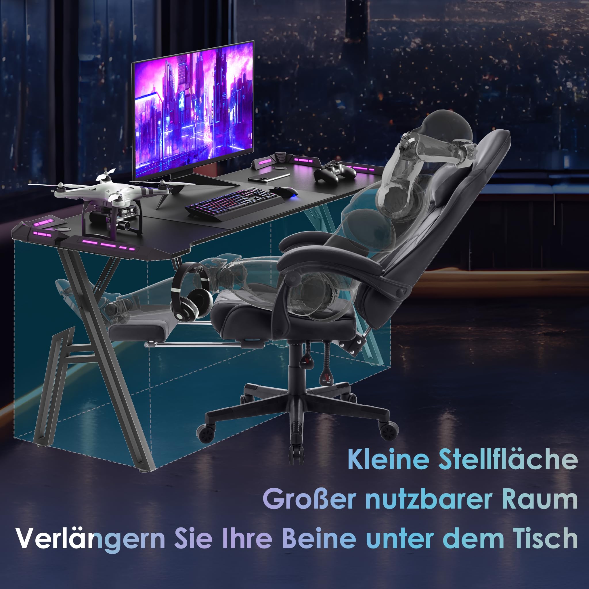 UISEBRT Gaming Schreibtisch 120 x 60cm Gamer Tisch A-förmiger Kohlefaseroberfläche Computertisch mit RGB LED-Licht, Ergonomischer Eckschreibtisch mit Kopfhörerhaken und Getränkehalter