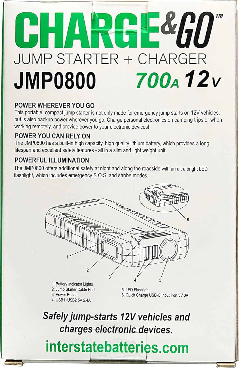 Diagram of Interstate Batteries JMP0800 Jump Starter components