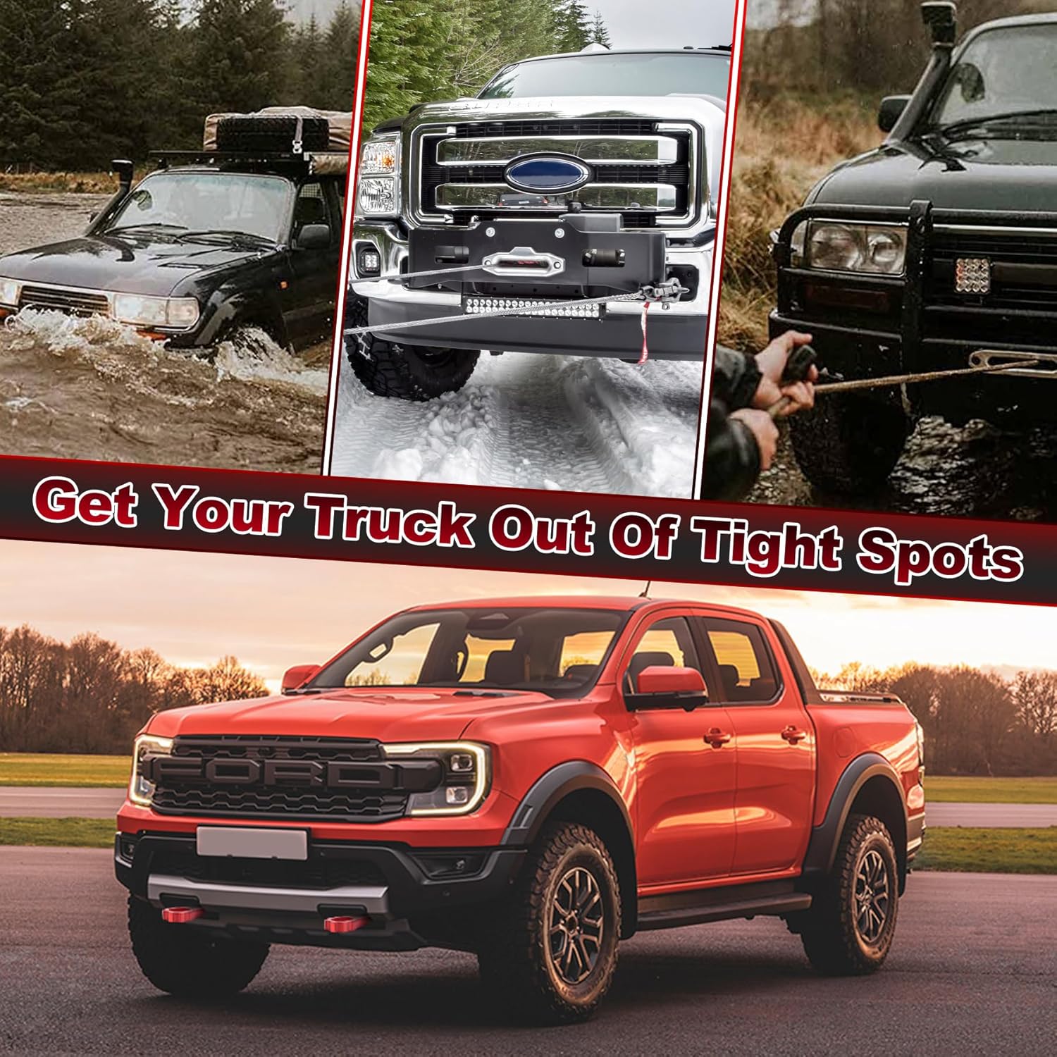 Red Tow Hooks, Front Bumper Heavy Duty Towing Replacement Hooks Kit Compatible with Ford F-150/Raptor 2009+