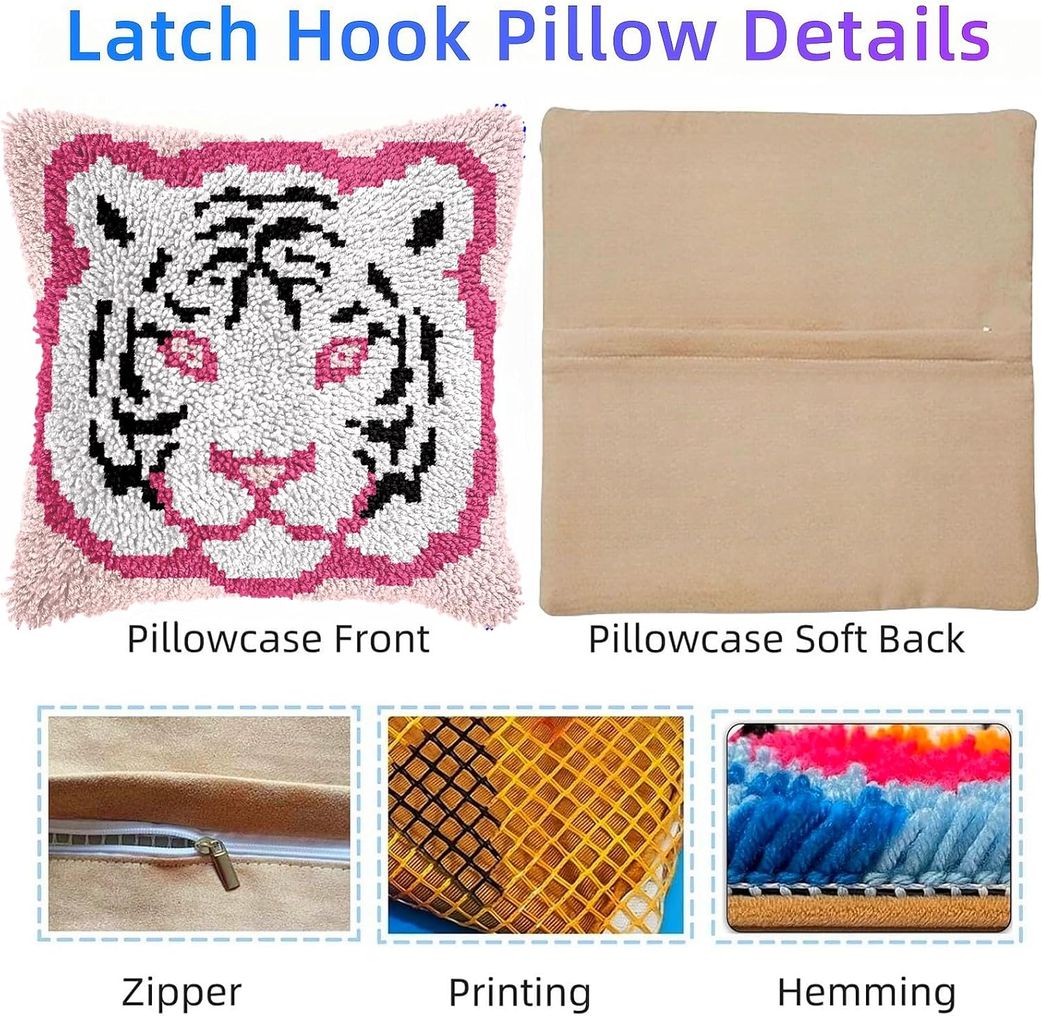 Latch Hook Kit Pillow Cute White Tiger and Background with Pre-Printed Pillow Cover DIY Pillowcase Crochet Yarn Hooking Craft Set for Hobby and Home Decor 43x43cm-5