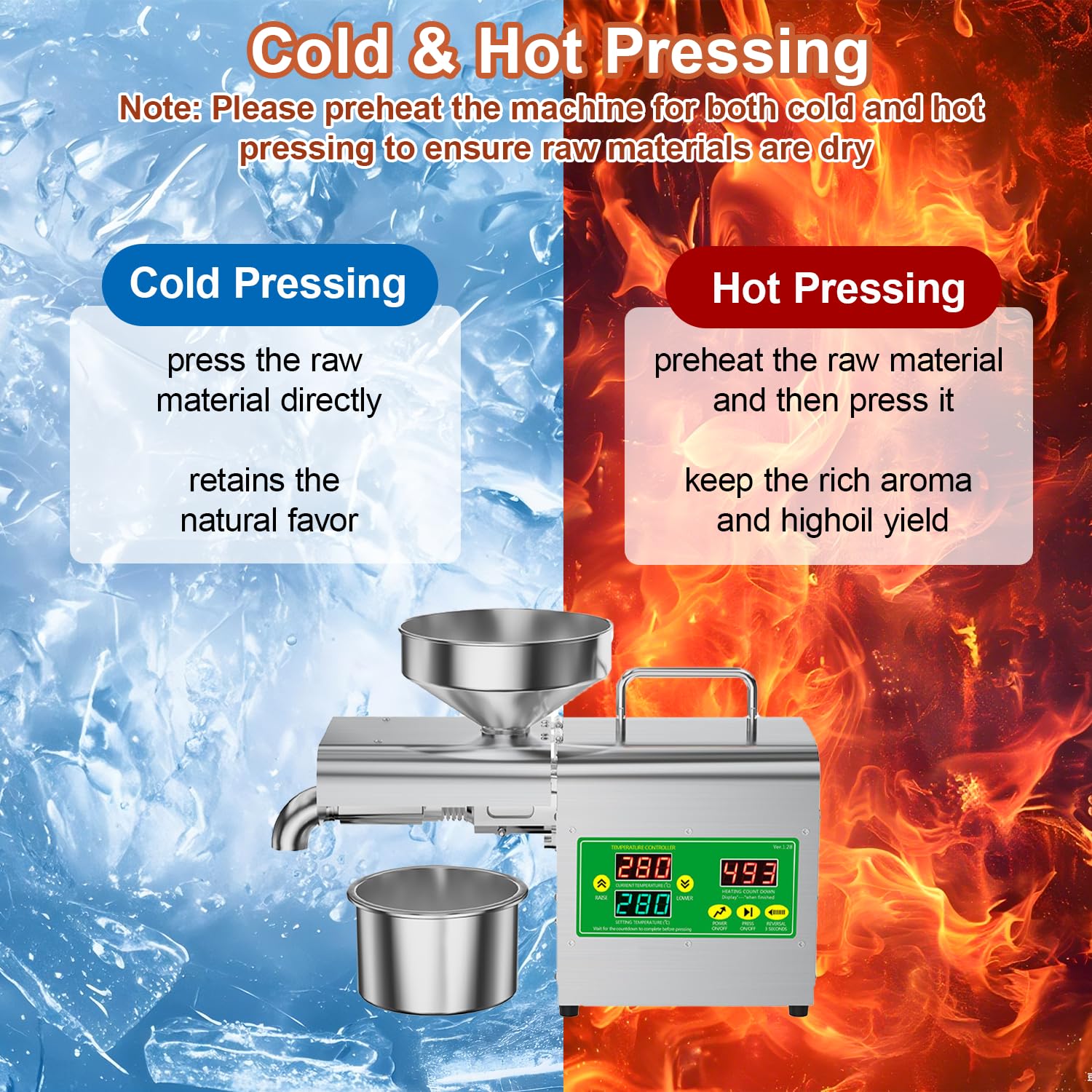 Presse à huile 1000W, extracteur d’huile intelligent à froid et à chaud avec affichage de température, expulseur en acier inoxydable pour plus de 20 graines et noix, usage domestique