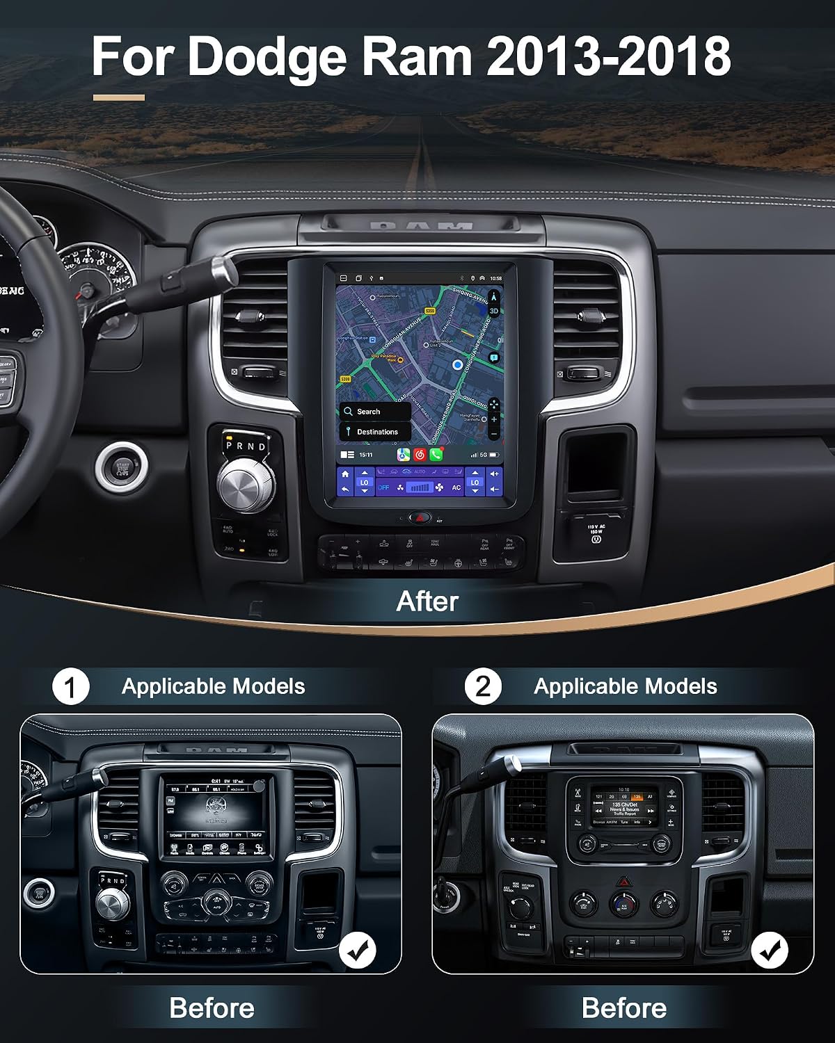 10.4" Car Radio Upgrade for Dodge Ram 2013-2018 1500 2500 3500,Wireless CarPlay Android Auto,Android 13 Head Unit with WiFi SWC GPS 1080P Backup Camera 4+64GB