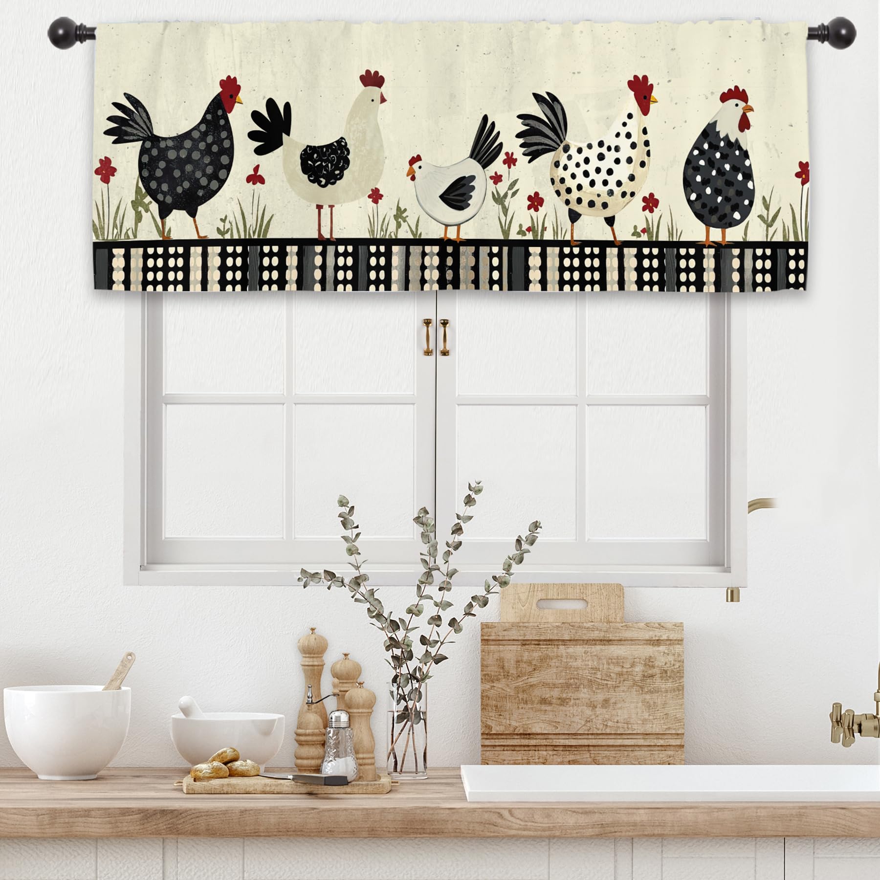Rustic Rooster Chicken Kitchen Curtain Valance 54W x 18L Inch Farmhouse Country Rural Farm Rod Pocket Short Cafe Small Window Treatment Drapes Decor