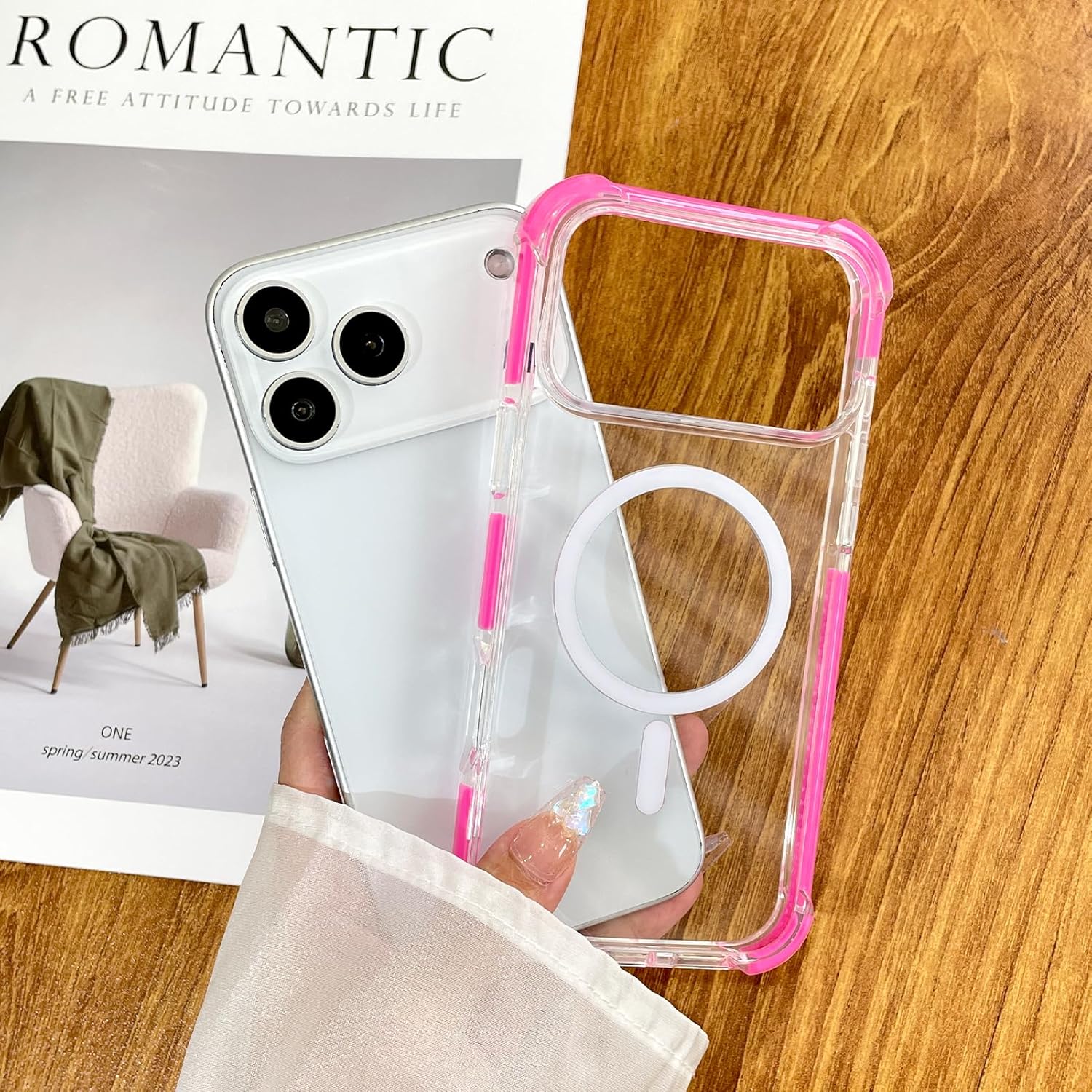 SAKUULO Magnetic Case for iPhone 17 Pro Max Compatible with Magsafe, Slim Anti-Slip Military Shockproof Protective Bumper Clear Cover 6.9 Inch for Women Men, Hot Pink - Image 3