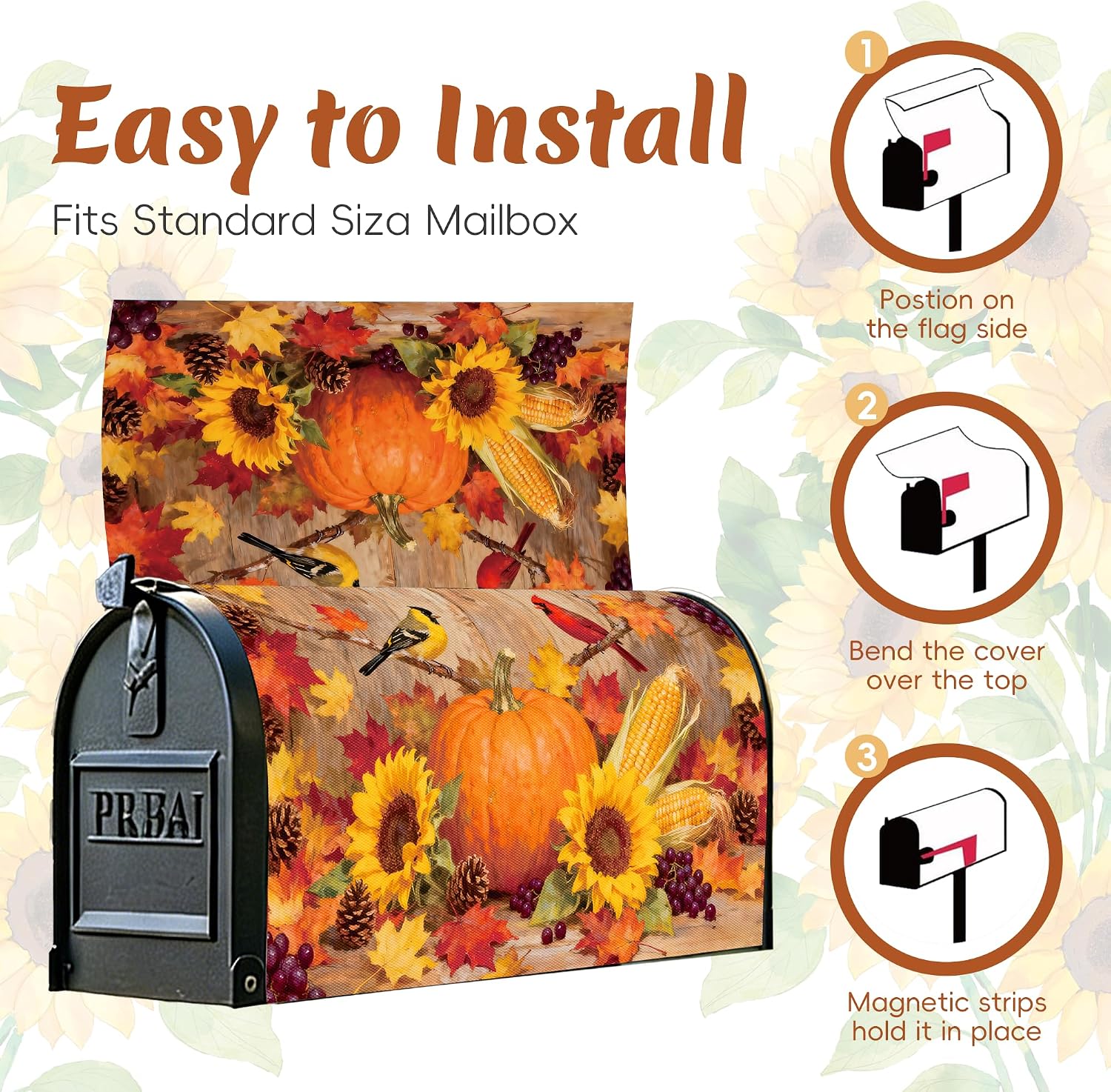Fall Birds Mailbox Post Cover Magnetic Standard Size 21" x 18" Fall Floral Flower Birds Rustic Decorative Mailbox Covers Magnetic Post Letter Box Wrap Cover Outdoor Decor