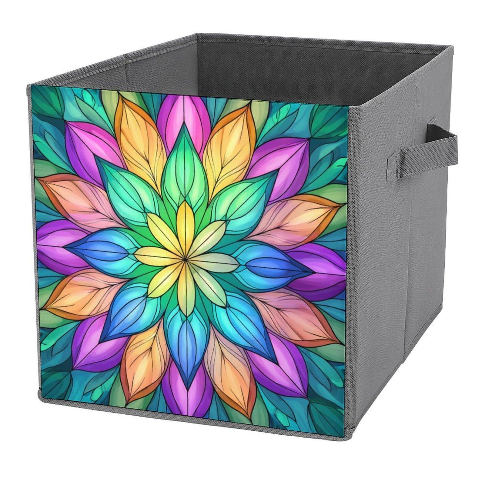 Jubonexis Mandala Colorful Floral Cube Storage Bins Storage Cubes Foldable Decorative Fabric Storage Baskets Home Organizers with Handles for Shelves,Closet, 27x27 CM