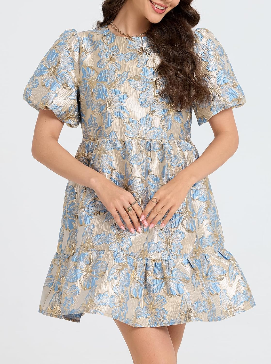 Ladyful Women's Floral Jacquard Mini Dress Short Puff Sleeve Tiered Babydoll A-Line Dress Elegant Shiny Party Outfits - Image 5