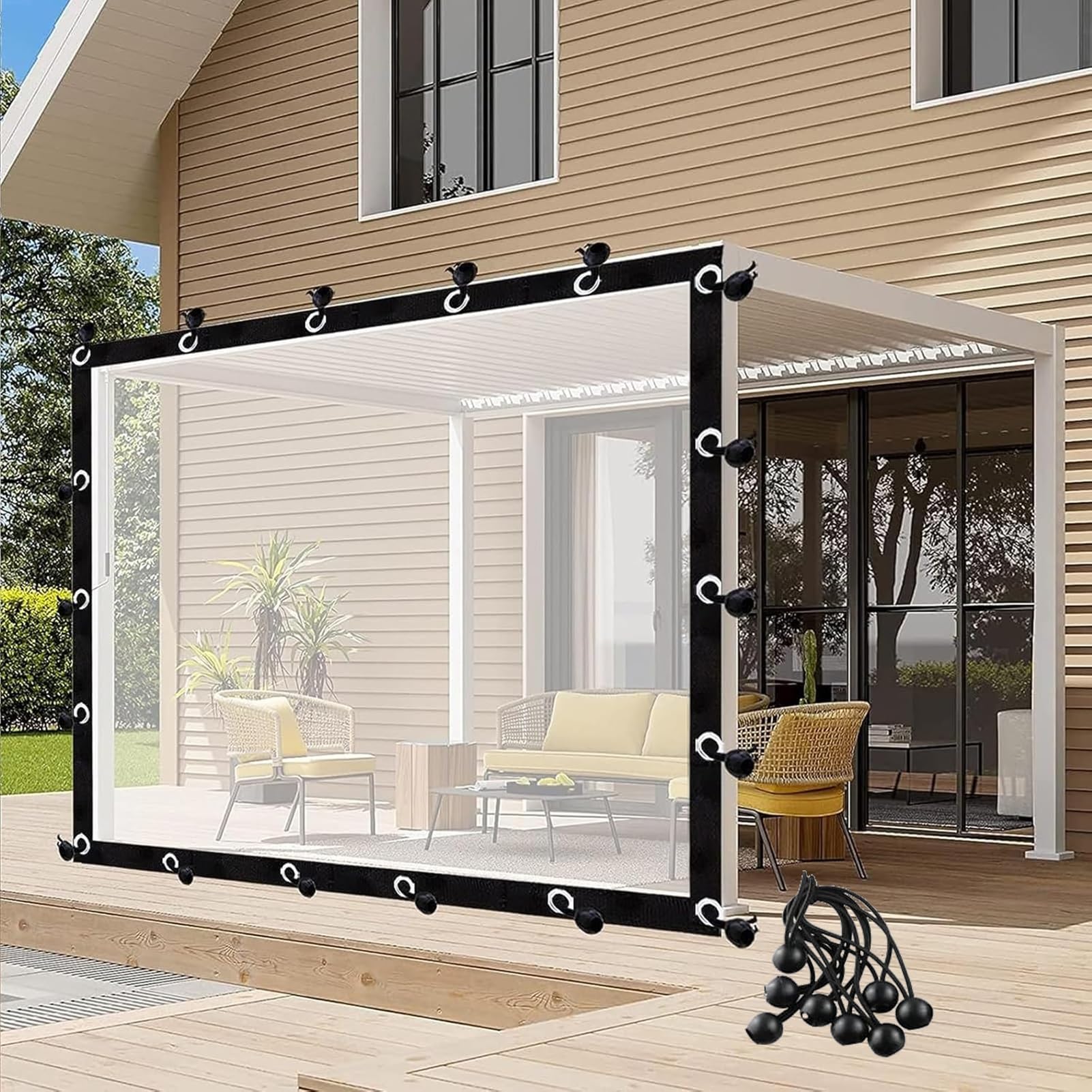 Kubaos Clear Pergola Waterproof Side Panels With Eyelets Outdoor Tarp Curtain Transparent Tarpaulin Partition Rain Curtain For Pergola, Porch, Gazebo(5'X7'/1.5X2m)