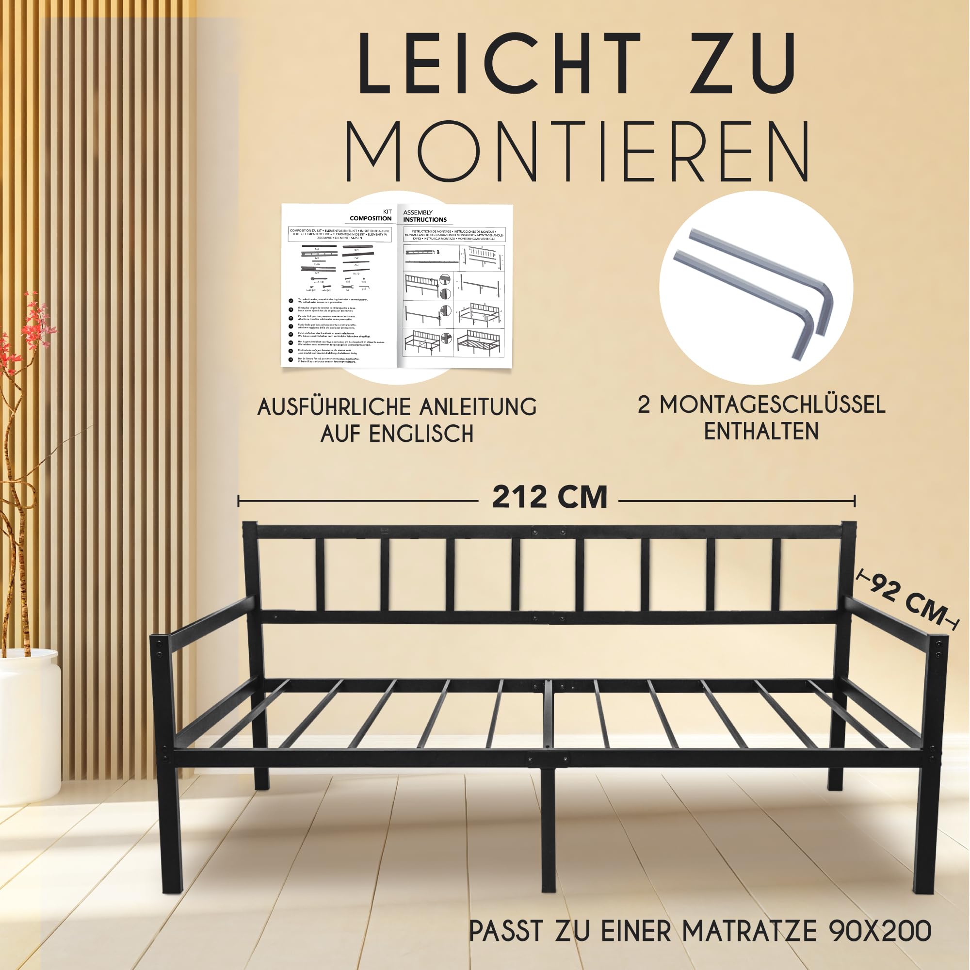 Dreamzie Tagesbett Metallbett 2-1 - Bettsofa 92x212cm - Bettgestell für Matratzen 90x200cm - Schlafsofa mit Lattenrost - Einzellbett - Metall Schwarz