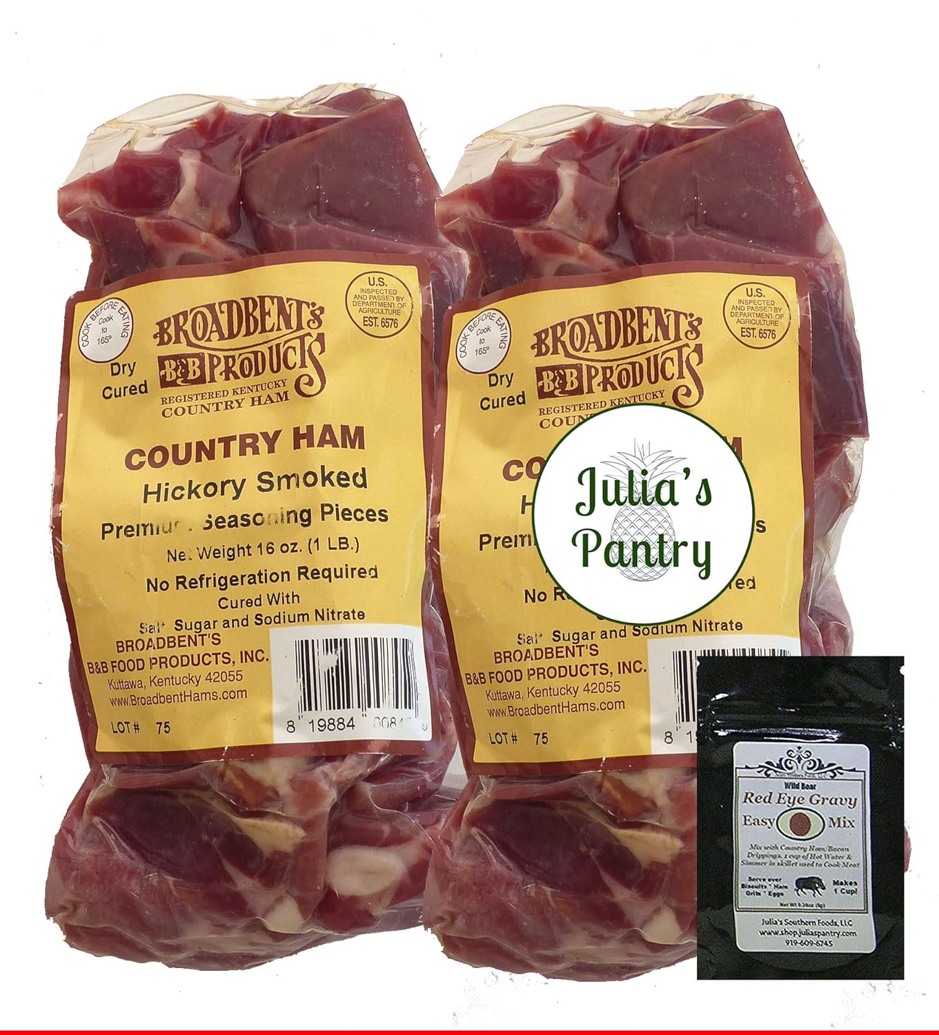 Julia's Pantry Hickory Smoked Country Premium Ham Seasoning Pieces, 2 - 1lb Packages and Sample Red Eye Gravy