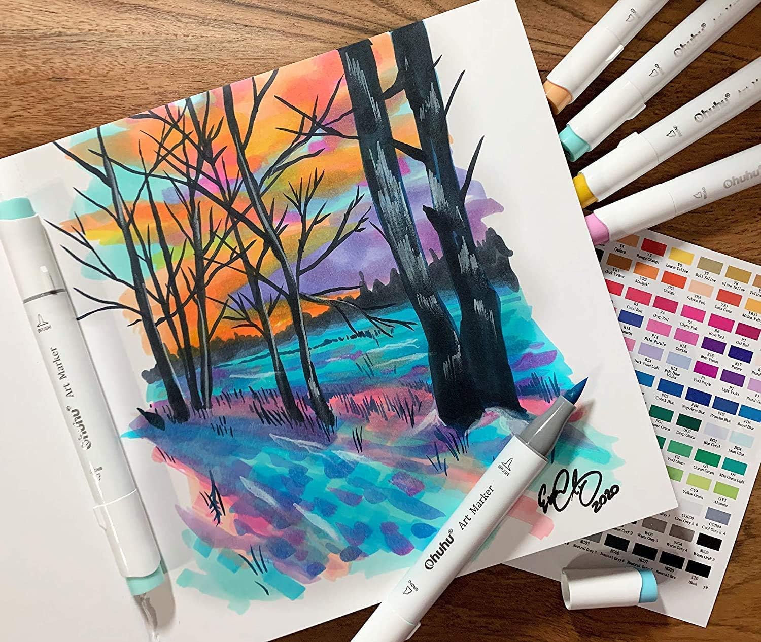 Professional Watercolor Brush Markers Pen 48 Colors of Ohuhu, Water Based Drawing Marker Brushes+Ohuhu Marker Pads Art Sketchbook, 8.3"×8.3"