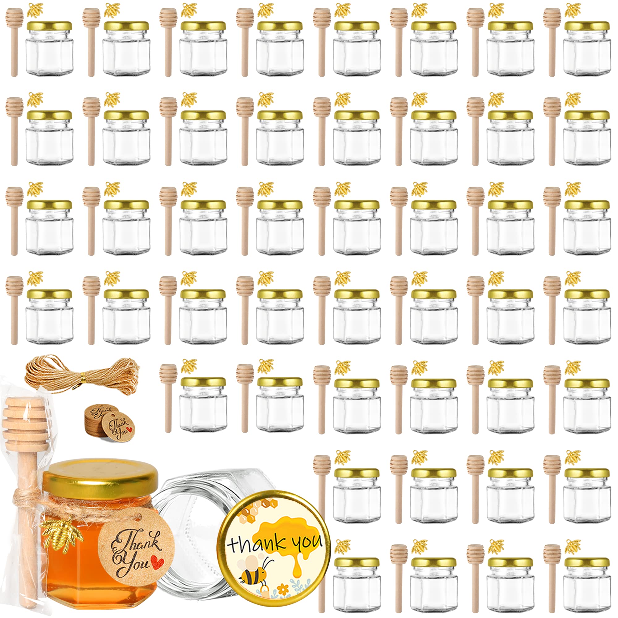 GIVAMEIHF Mini Glass Honey jars with Lids-1.5oz,48 pack Honey Jars,Small Honey Jar with Dipper,Thank You Tags,Jutes Rope,Empty Glass Jars for Jams,