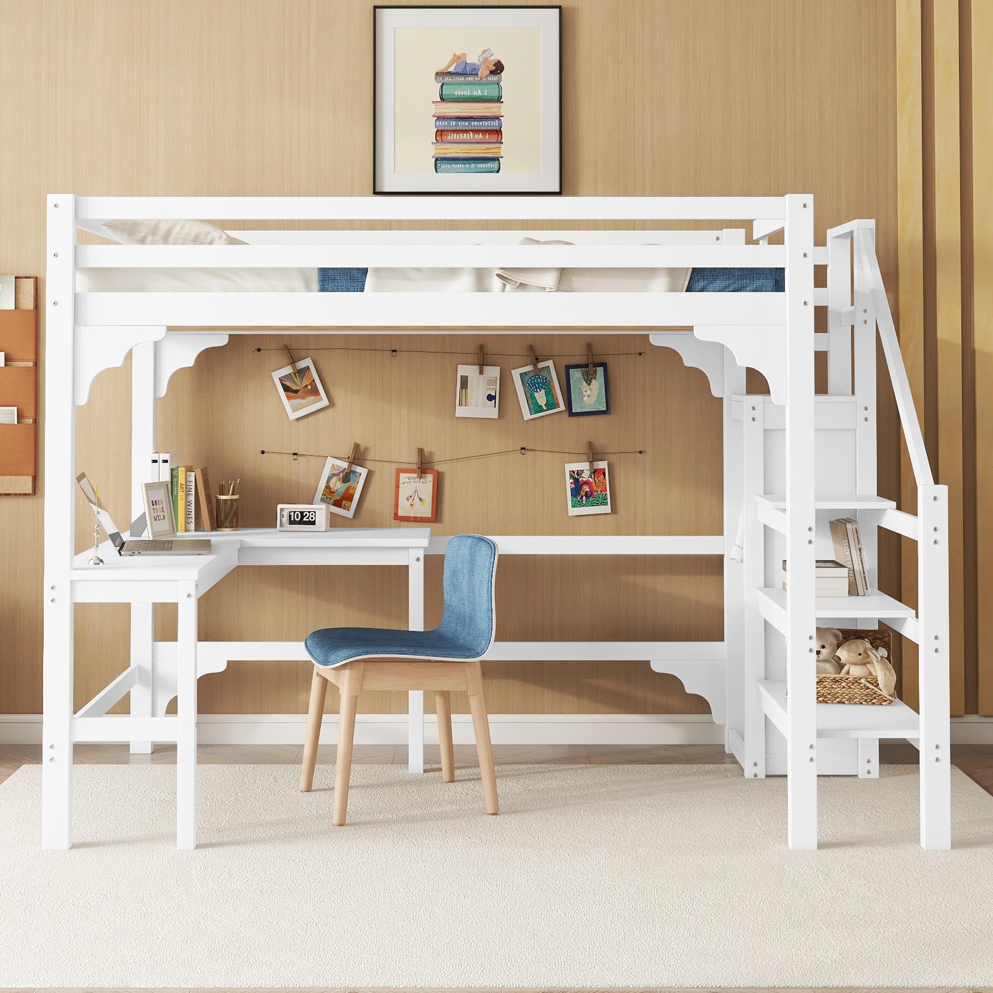 Wiuzo Letto a soppalco, 140 x 200 cm, elegante scrivania a forma di L, in legno di pino, stile minimalista, bianco