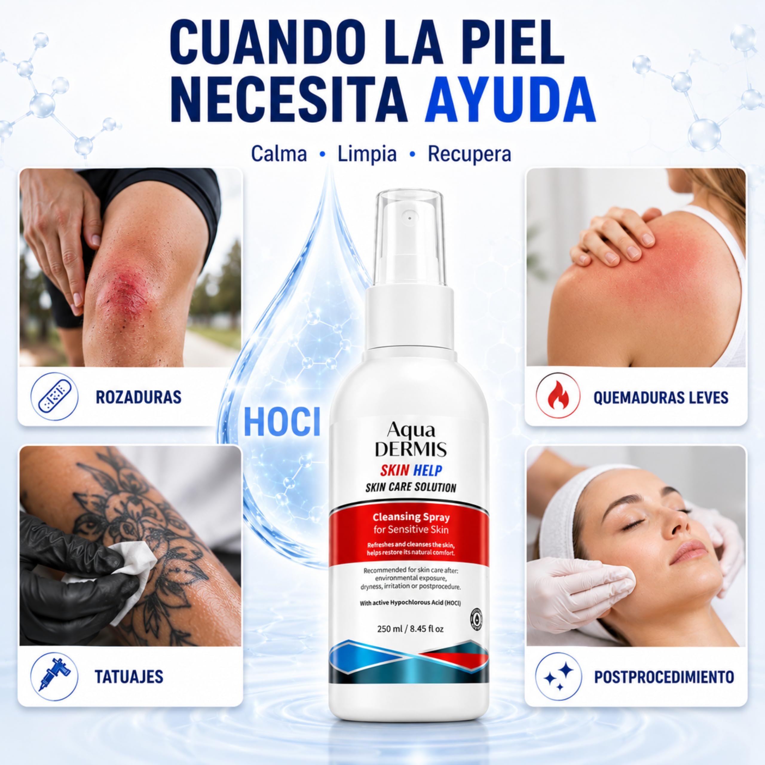 Spray per terapia delle ferite con acido ipocloroso, disinfettante naturale per ferite, ustioni, acne, eczema e tatuaggi, senza alcool, sicuro per pelli sensibili, 250 ml
