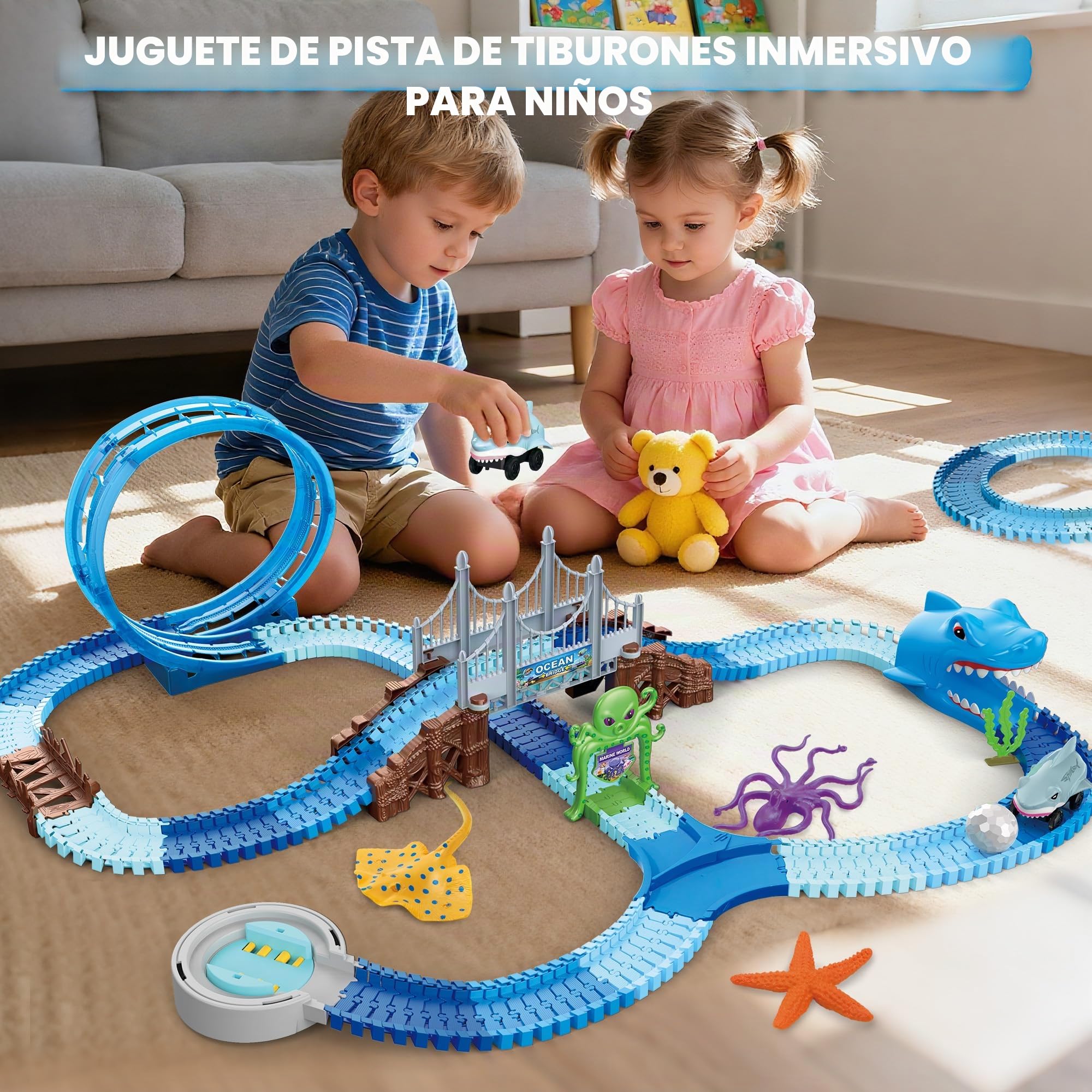 VATOS Shark Track Toys - Juego de pistas de carreras flexibles de 219 piezas con bucles de 360°, auto eléctrico de tiburón y rotación automática, crea una carrera de carretera temática de tiburón