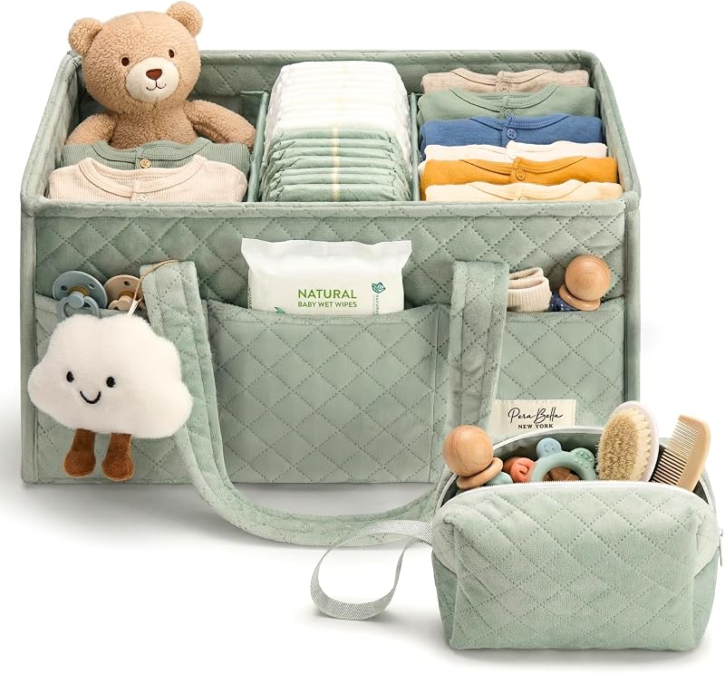 Organizador de pañales para bebé, cesta de regalo para baby shower, cesta portátil para cambiar pañales, carrito posparto y bolsa de mano, registro de artículos esenciales para guardería de niños y niñas recién nacidos, organizador de pañales para auto