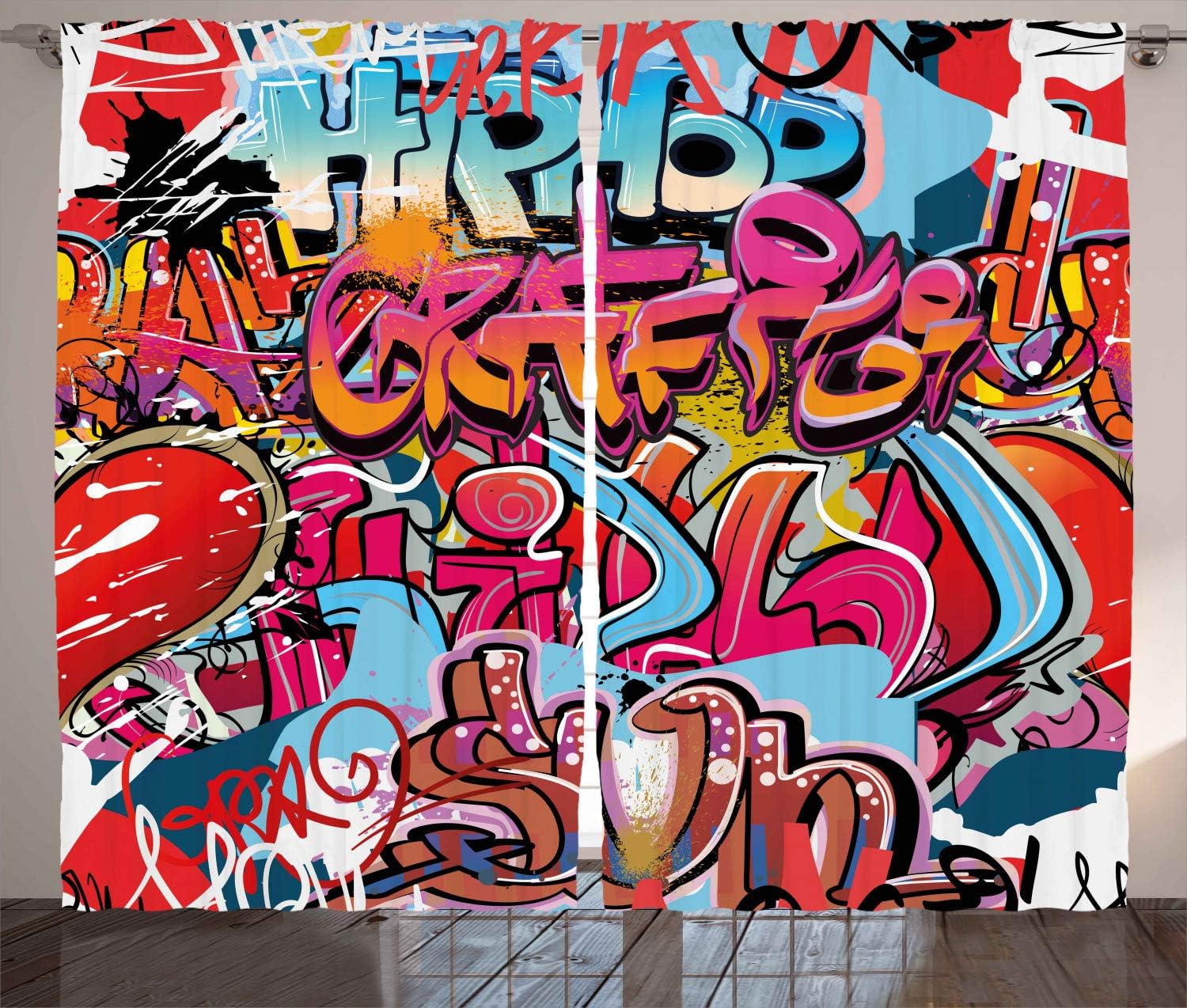 Ambesonne Graphic Curtains, Hip Hop Street Culture Harlem New York City Wall Graffiti Art Spray Art Image, Living Room Bedroom Window Drapes 2 Panel Set, 108" X 96", Pink Red