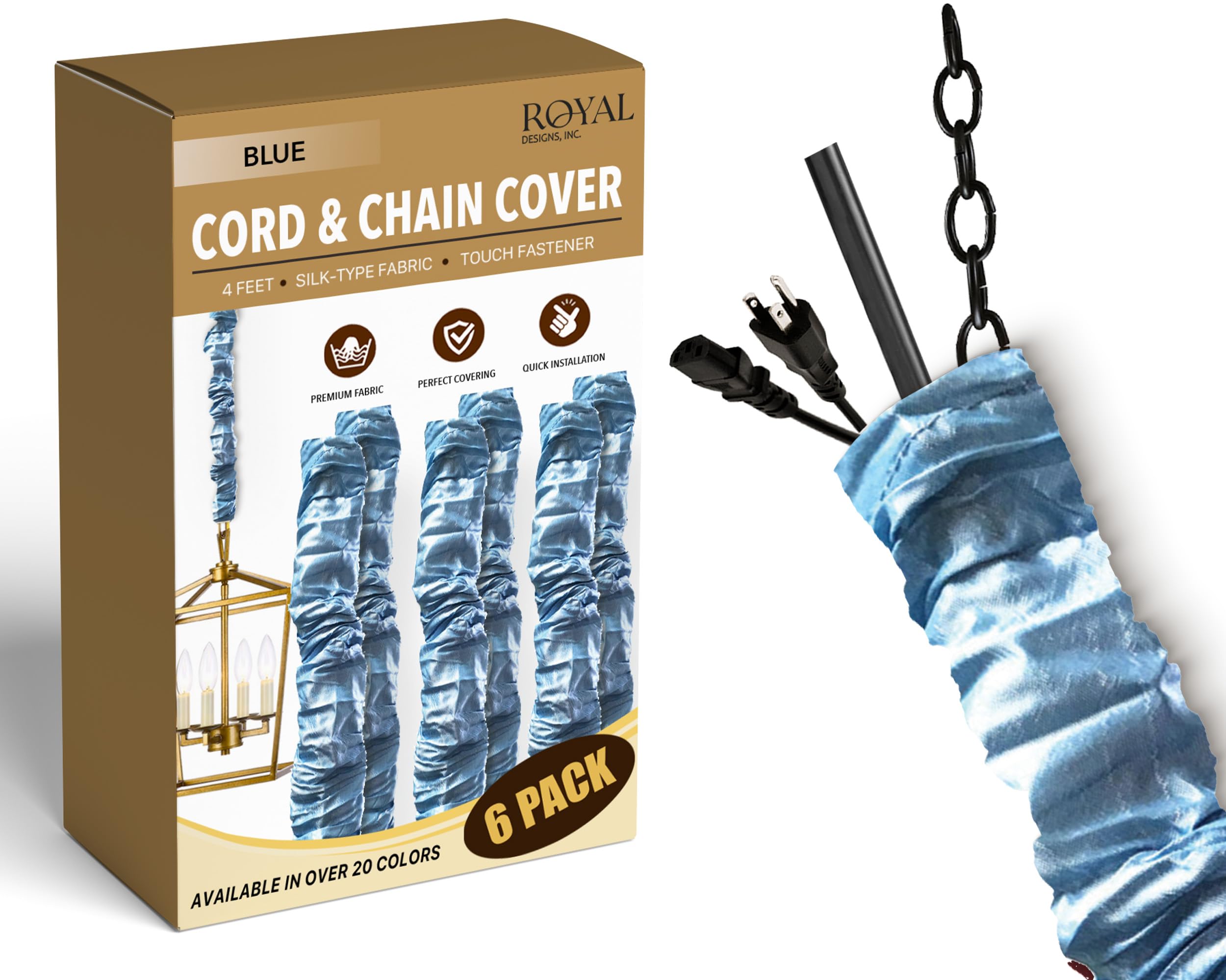 Royal Designs, Inc. Cord &amp; Chain Cover 4 ft Silk Type Fabric, Chandelier Pendant Lighting Chain &amp; Cable Management, Touch Fastener, Blue - 6 Pack