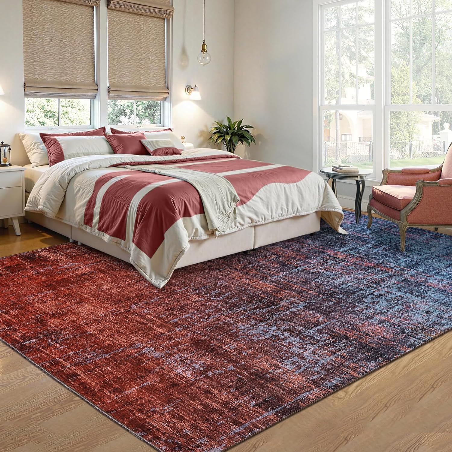 GarveeHome Abstract Living Room Rugs, 8x10 Washable Non Slip Bedroom Nursery Rugs Indoor Modern Stain Resistant Under Table Carpet for Dining Room Office Low Pile Floor Cover for Home Decor, Red Blue