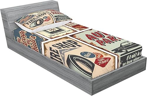 Miniatura 2 de Lunarable Juego de sábanas bajeras y fundas de almohada de los años 50, letreros de automóvil vintage, reparación de publicidad de automóvil,