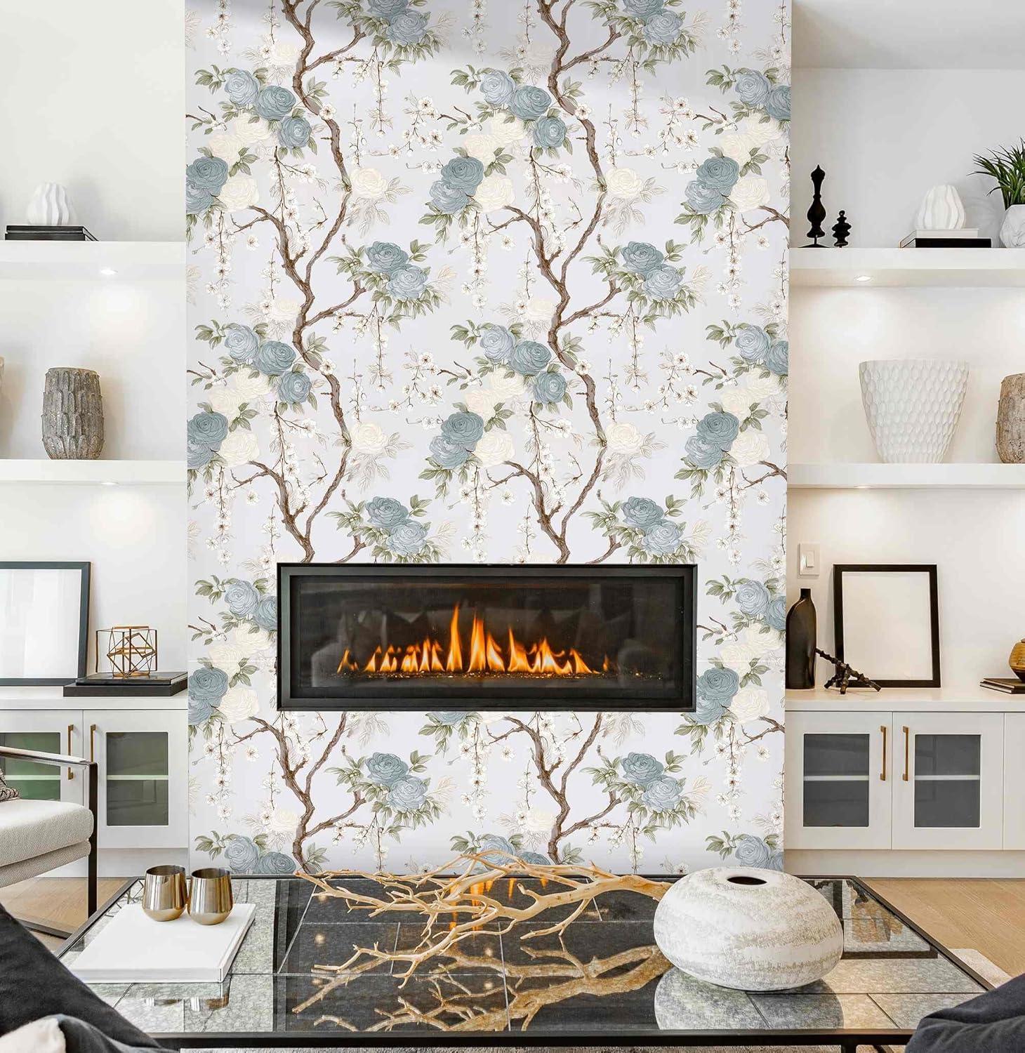 French Country Rose Peel and Stick Wallpaper, Classic Cottage Floral Self-Adhesive Vinyl Wallpaper for Home Decor – Soft Blue & Ivory, 17.7" x 236"