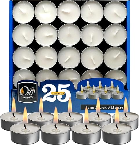 Ohr Candles Velas Tealight – Paquete de 25 velas de té – Velas blancas sin perfume – 4 horas de tiempo de combustión