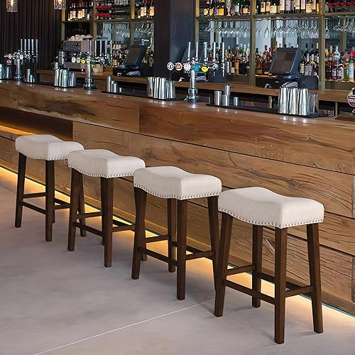 Miniatura 9 de Taburetes de bar de altura de mostrador de 26 pulgadas, modernos taburetes de isla de cocina sin espalda con reposapiés, patas de madera maciza y