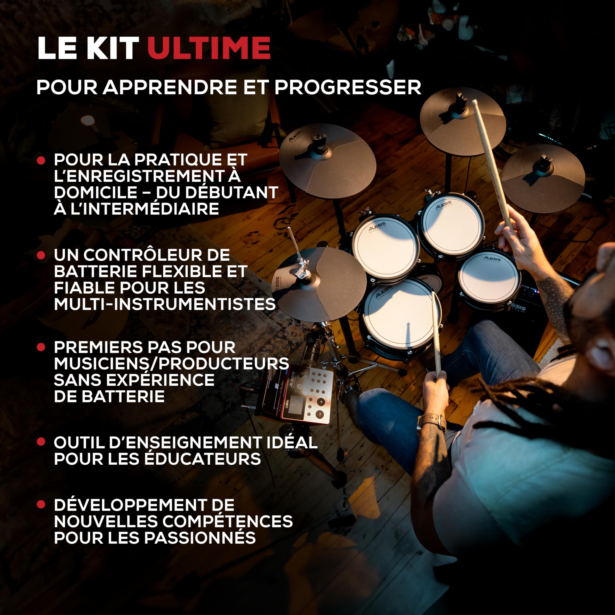 Alesis Nitro Ultimate Batterie Électronique avec Pads Maillés à Double Zone, Charleston Autonome, 640 Sons BFD Authentiques et 52 Kits, Bluetooth, Drumeo, USB MIDI, Compatible Double Grosse Caisse | 52 kits, 640 sons plus, audio Bluetooth, Hi-Hat mobile m