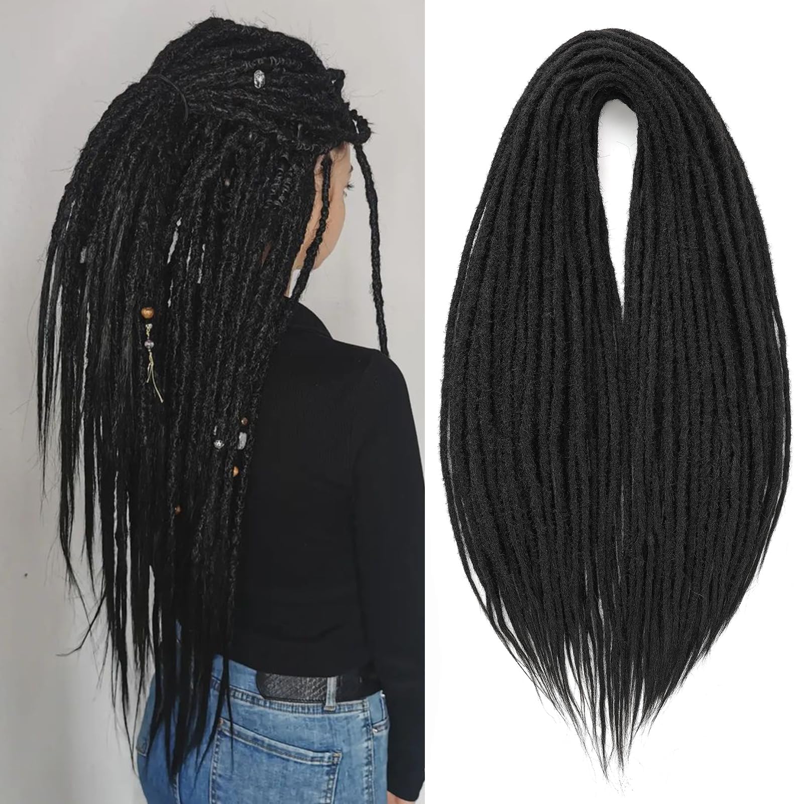 Leeven 30 Strands Synthetic Double Ended Dreadlock Extensions 24 Inch Natural Black 0.6 cm Width Thin DE Dreads Crochet Hippie Wool Dreads Handmade Soft Loc Extensions for Women Men
