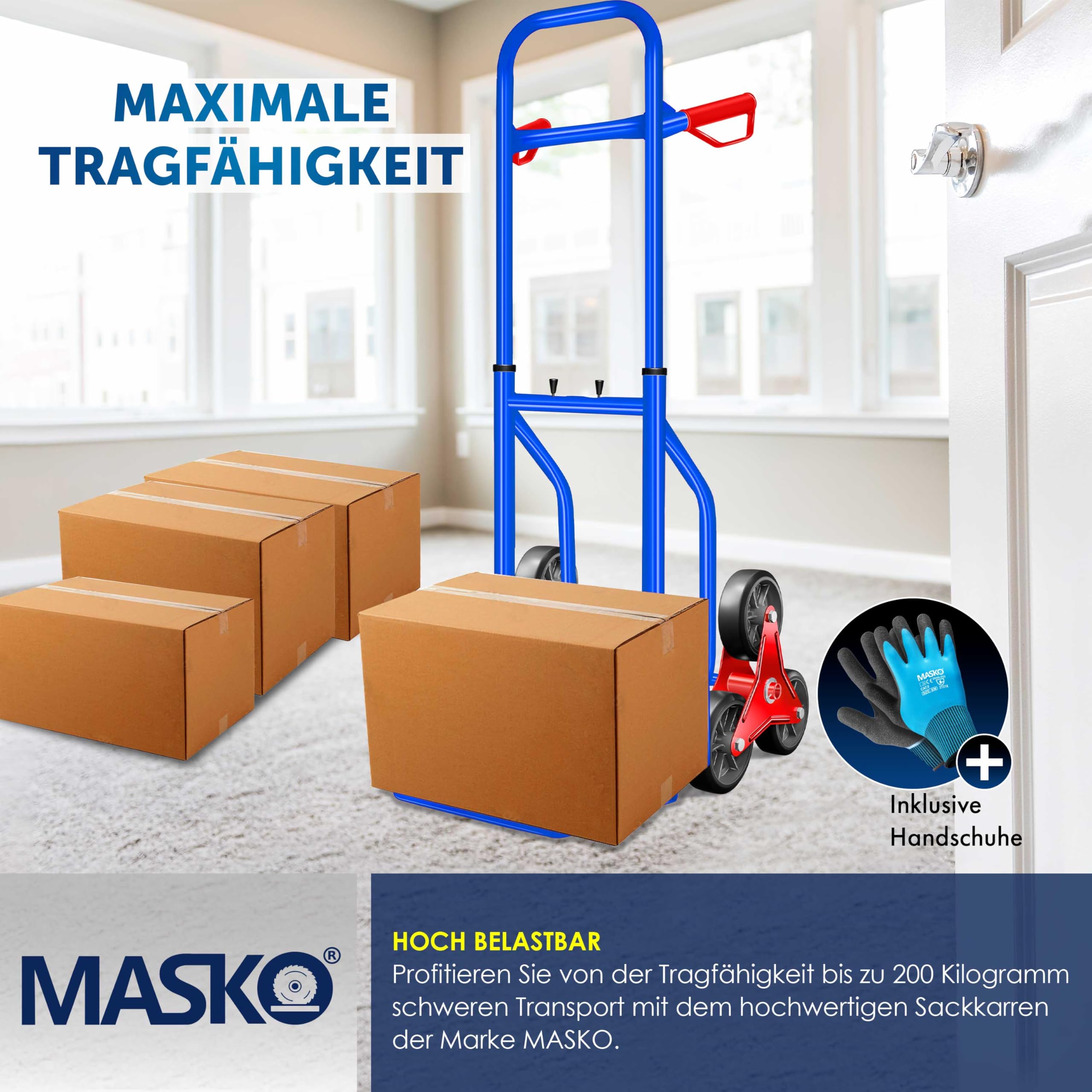 Masko Treppenkarre Sackkarre 200kg Transportkarre Treppensteiger Stapelkarre, klappbar Treppensackkarre Hartgummireifen | Kunststoff Griffe | Stahl Rahmen | Blau