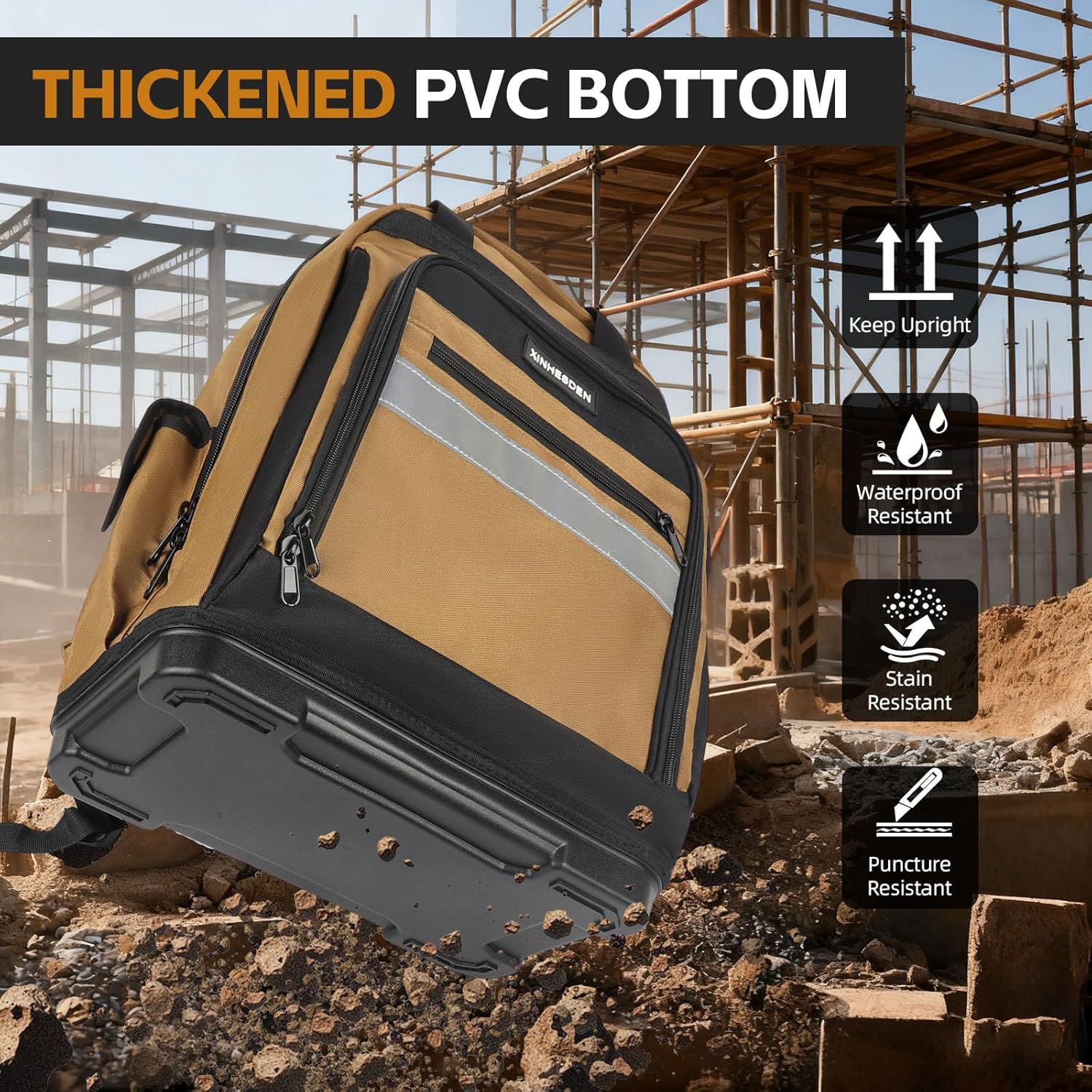 Tool Bag Backpack, Heavy Duty Tool Backpack Bag with Waterproof Molded Base, Electrician Work Pack for Hand Tools, Multi Pockets Tool Storage Organizer for Contractor, Plumbers, HVAC Techs