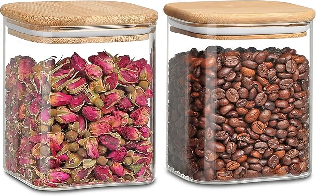 Glass Jars with Lids,Kitchen Storage Containers with Airtight Bamboo Lids for Preserving Pasta Noodles Beans Coffee Bean Rice Cookie Nut,Large Capacity Transparent Glass Storage Jars 2 Pack 800ml