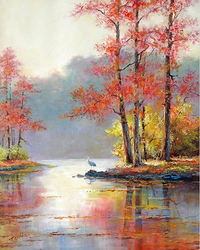Fall Scene Art Print of Oil Painting - Trees, Nature, Lake, Peaceful Gift