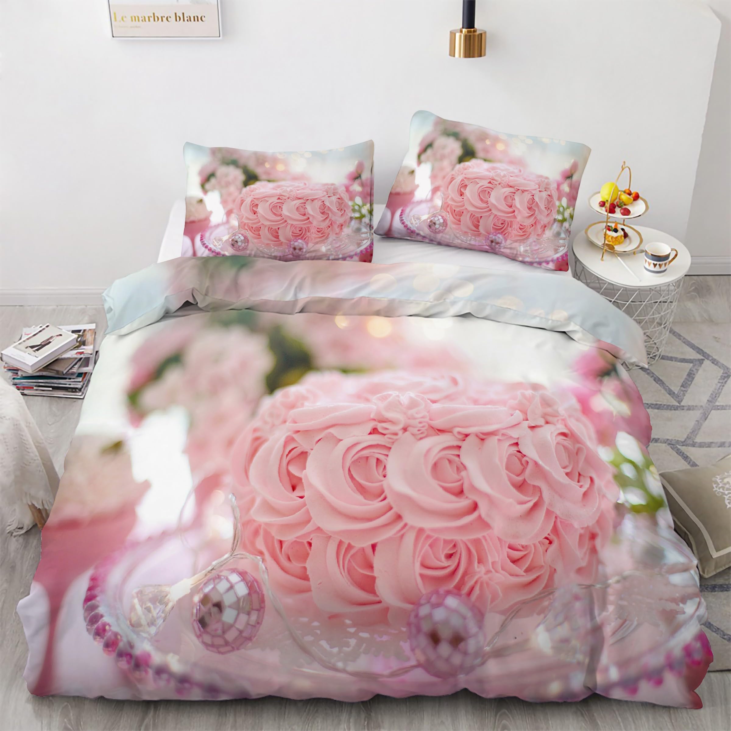Housse Couette 200x200 Parure de Lit Fleurs Ensemble Literie 3 Pièces Rose Douce
