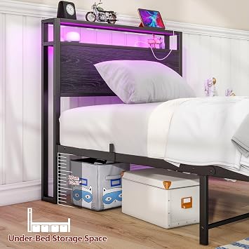 HOJINLINERO Single Bed Frame with Storage Headboard and LED Lights,Black