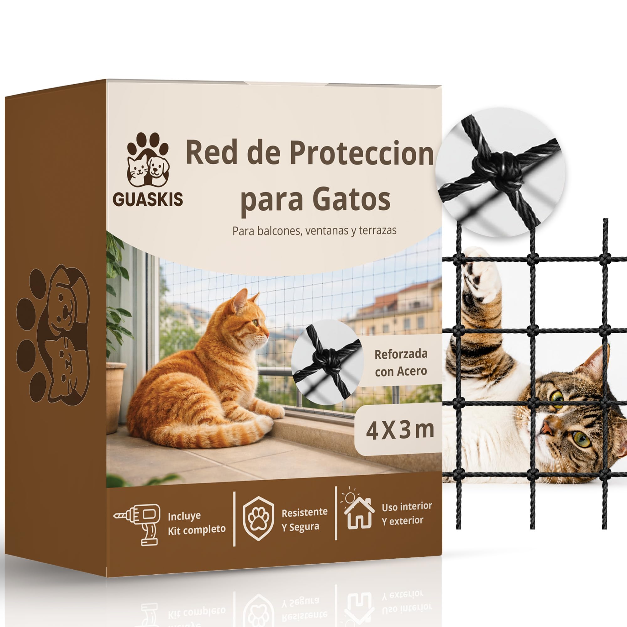 Para Gatos Terraza Reforzada Con Acero, Malla Metálica De Seguridad Anticaídas Balcón, Ventanas Y Exterior Kit Completo Instalación 25 Bridas, Tacos Ganchos Resistentes, Red, 4x3m