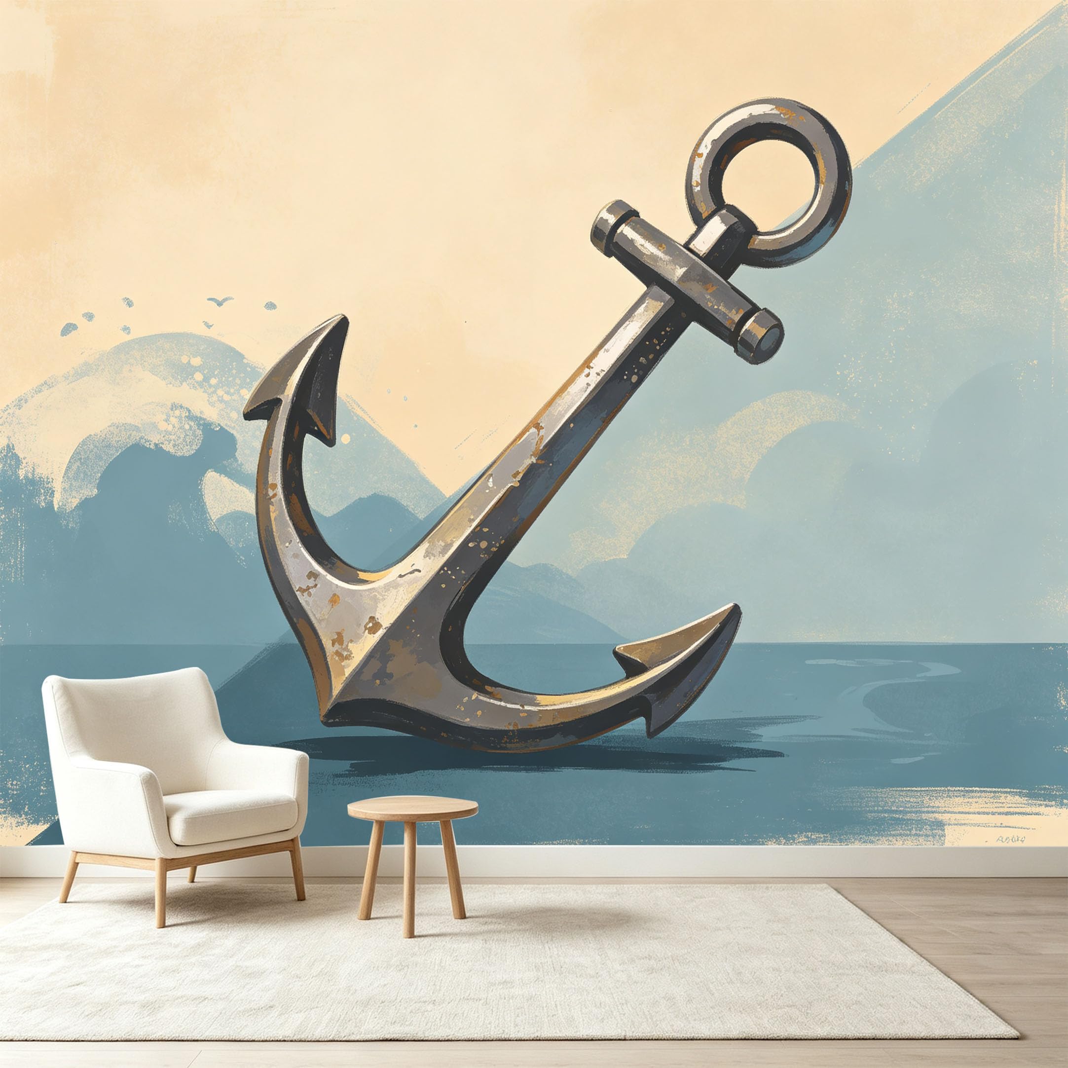 Custom Size Wall Murals Nautical Anchor Seascape Watercolor Painting Self-Adhesive Wall Fabric Removable Wallpaper Wall Decor for Living Room Bedroom Bathroom
