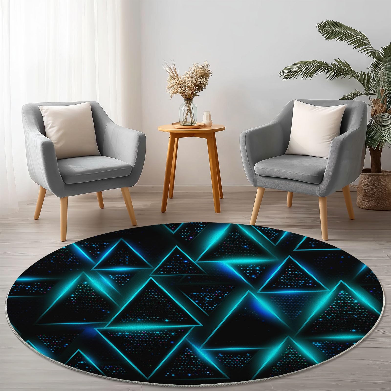 Round Rug 100 cm, Machine Washable Rug, Non Slip Floor Carpet, Low Pile, Abstract Soft Blue Triangle Geometric Area Rugs for Living Room Bedroom Kitchen Nursery Lounge Office Chair