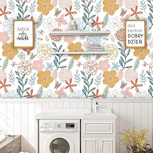 Miniatura 7 de WENMER Papel tapiz floral para despegar y pegar de 17.71 x 394 pulgadas, papel tapiz floral bohemio, papel de contacto floral rosa, autoadhesivo,