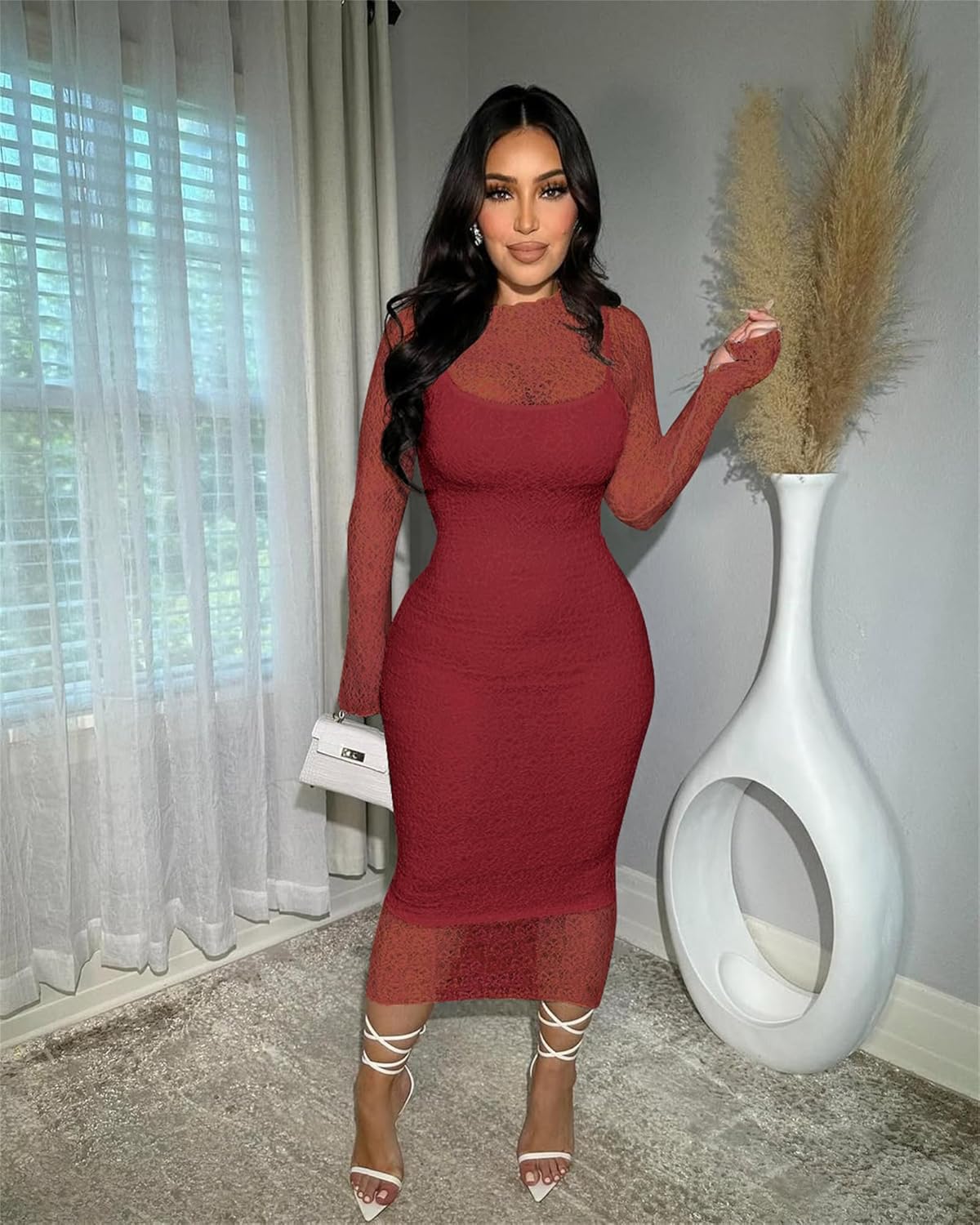 Women's Elegant Bodycon Midi Dress Lace Party Cocktail Wedding Guest Dress - Image 5