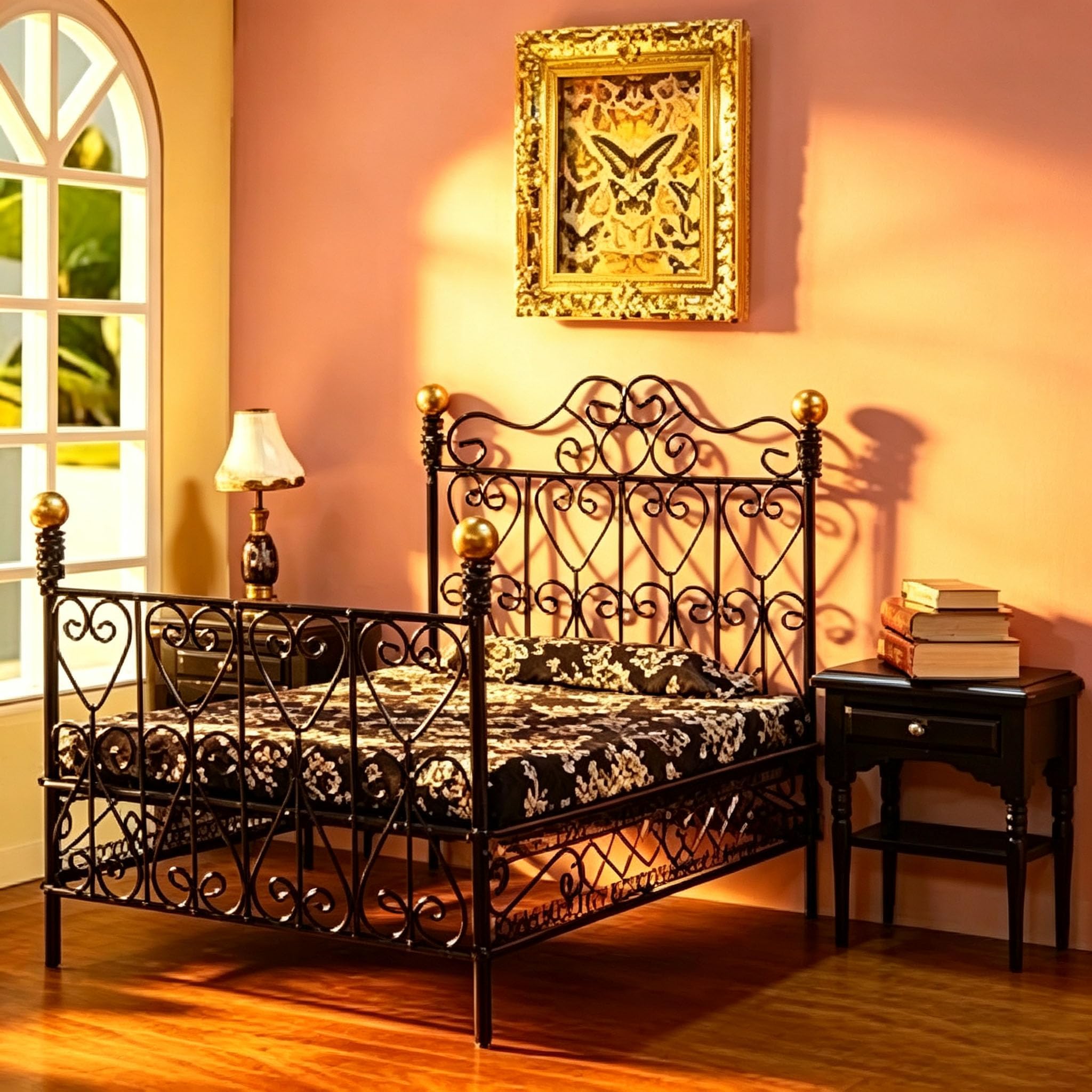 1:12 Juego De Dormitorio para Casa De Muñecas, 8 Piezas De Cama De Metal Negro con Ropa De Cama, Mesa De Noche De Madera, Lámpara, Libros Y Cuadros, Decoración para Dormitorio Principa