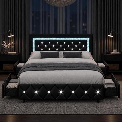 BarnFurin Queen Bed Frame with LED Headboard and Storage Drawers,Black