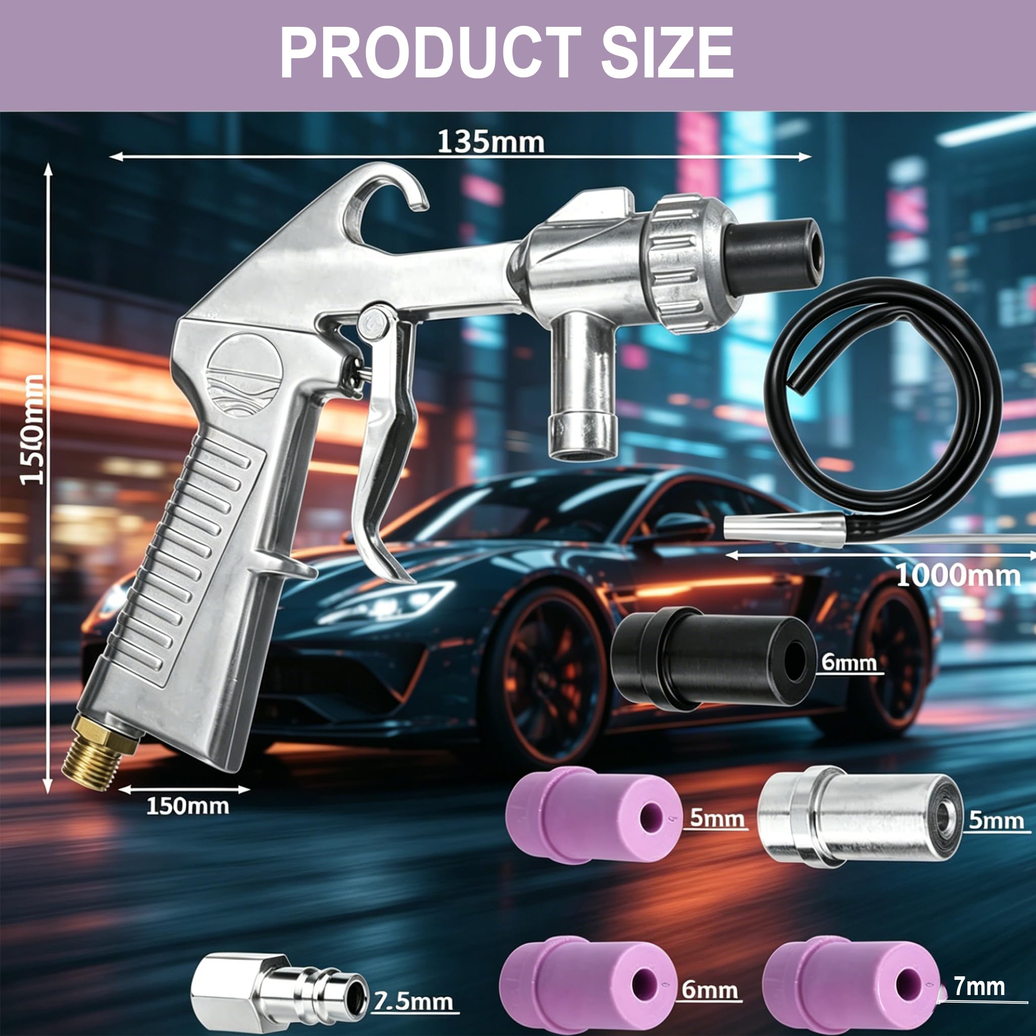Sandstrahlpistole Set Druckluft, Sandstrahlen Pistole Kit mit 1m Gummischlauch, verschiedenen Düsen und Luftanschlussnippel, zum Sandstrahlen für Auto, Rostentfernung und Heimwerker, Aluminium