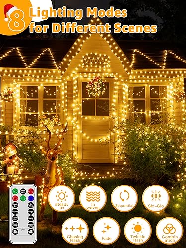 Miniatura 3 de Luces de Navidad de 600 LED de 196 pies, tira de luces impermeables para exteriores con control remoto y temporizador, luces de árbol de Navidad con