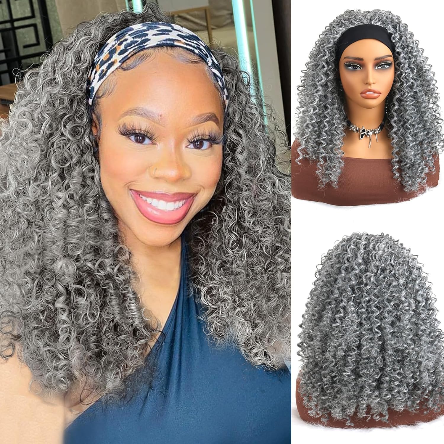 Perruque Headband Courte Bouclée Grise EMA 51 - Synthétique - Neuf Avec étiquettes - Taille Moyenne