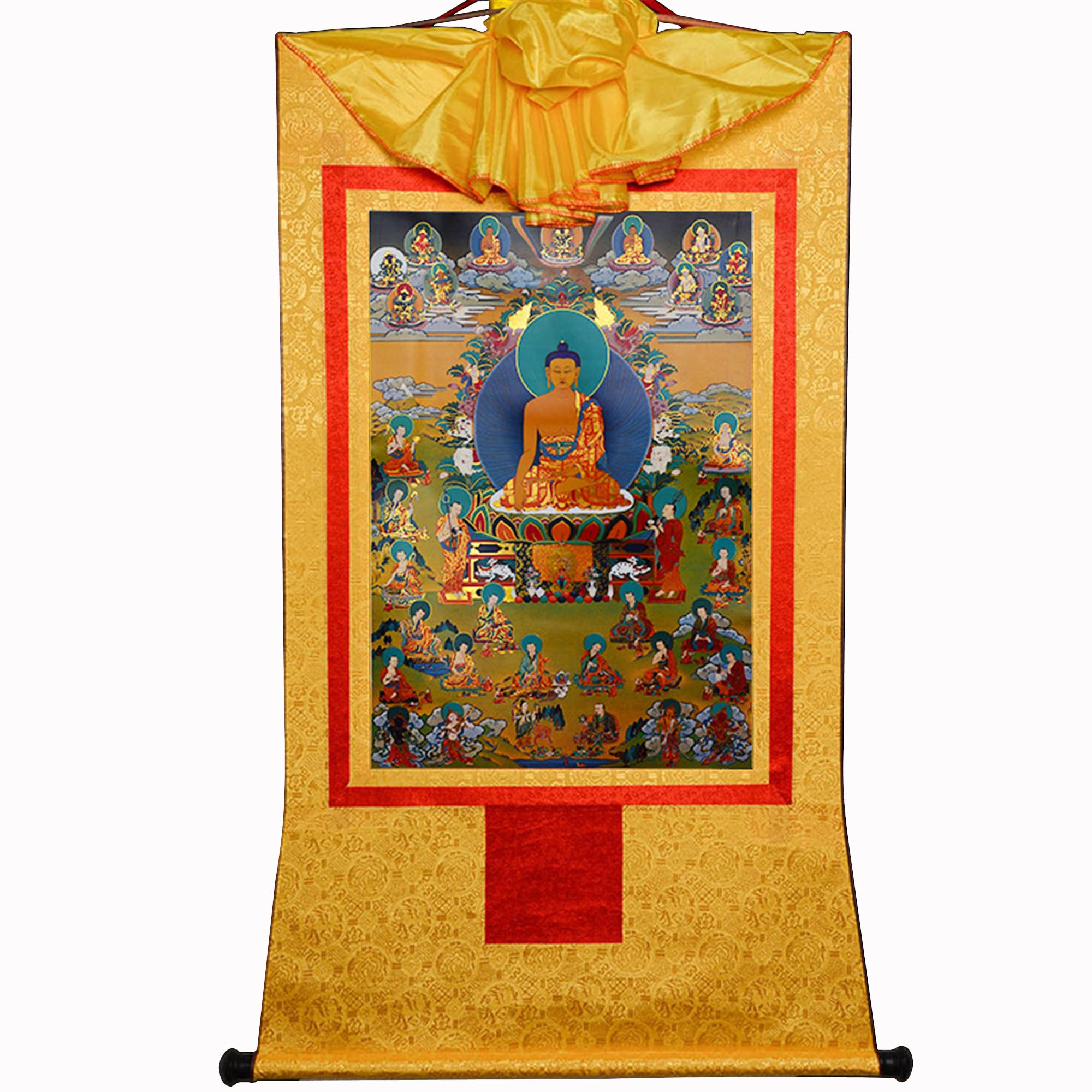 Gandhanra Thangka Tibetano - Shakyamuni e diciotto Arhat Thangka - Arazzo di Buddha a Stampa Dorata per Decorazione Zen, Meditazione, Rilassamento Spirituale e Pace