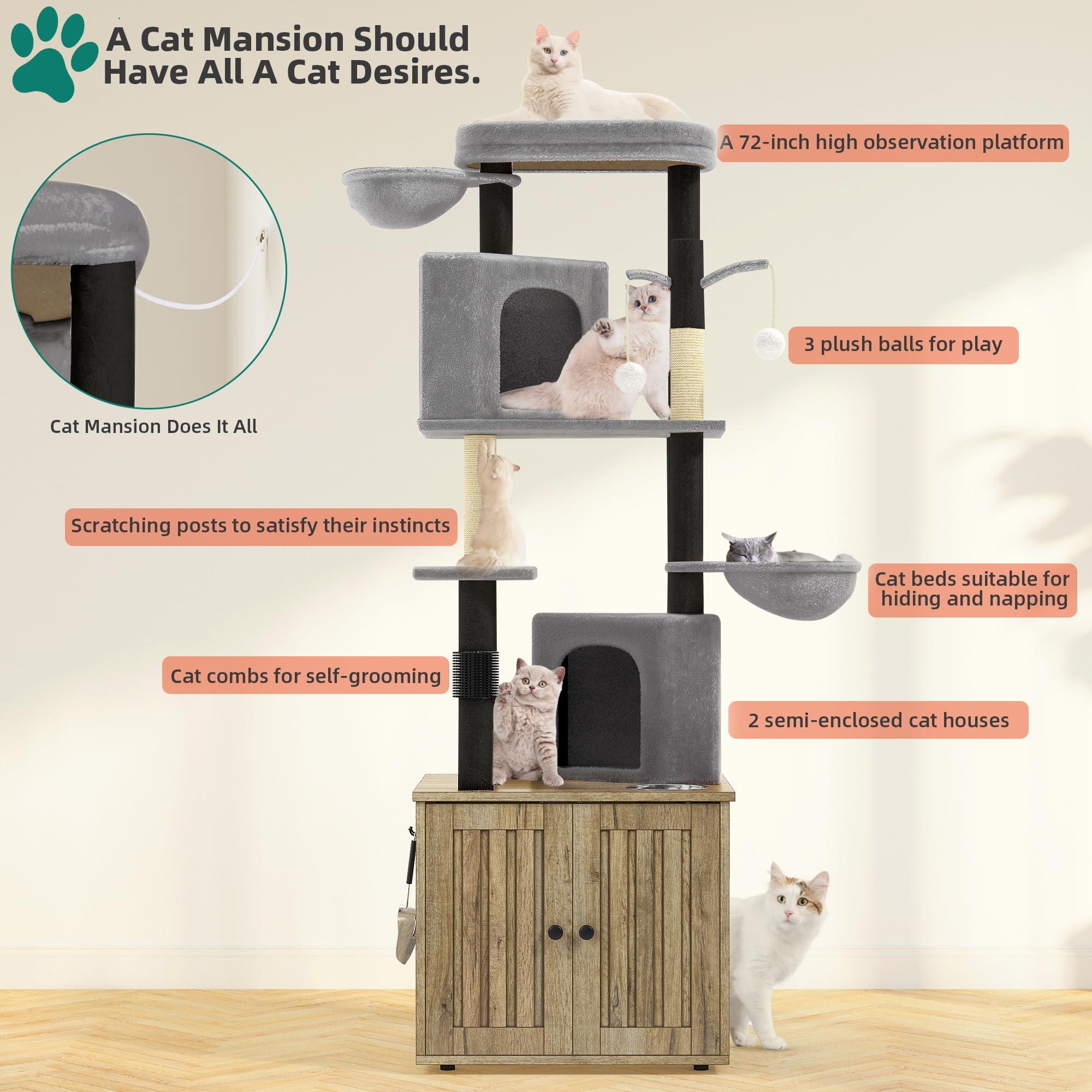 Torre Per Gatti YITAHOME Da 137 Cm Con Tiragraffi, Amache E Posatoi – Centro Attività Multifunzionale Per Felini