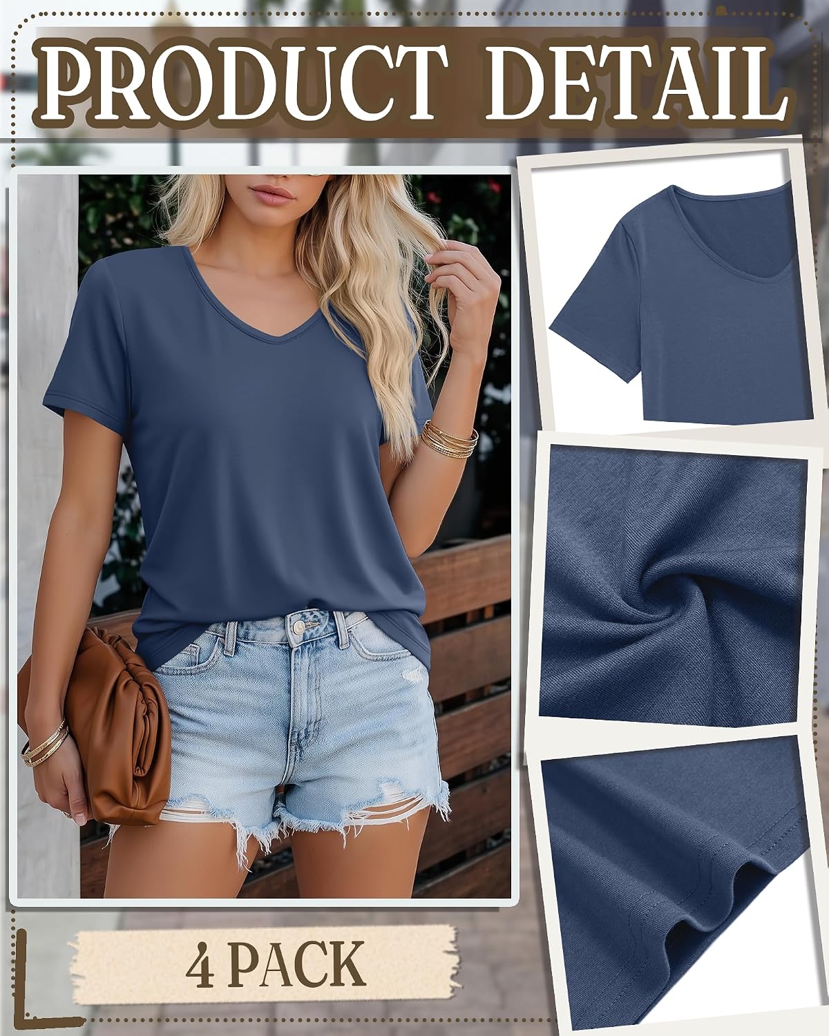 4 Pack Women's V Neck T Shirts Short Sleeve Summer Basic Tees Solid Color Casual Regular Fit Soft Trendy Tops