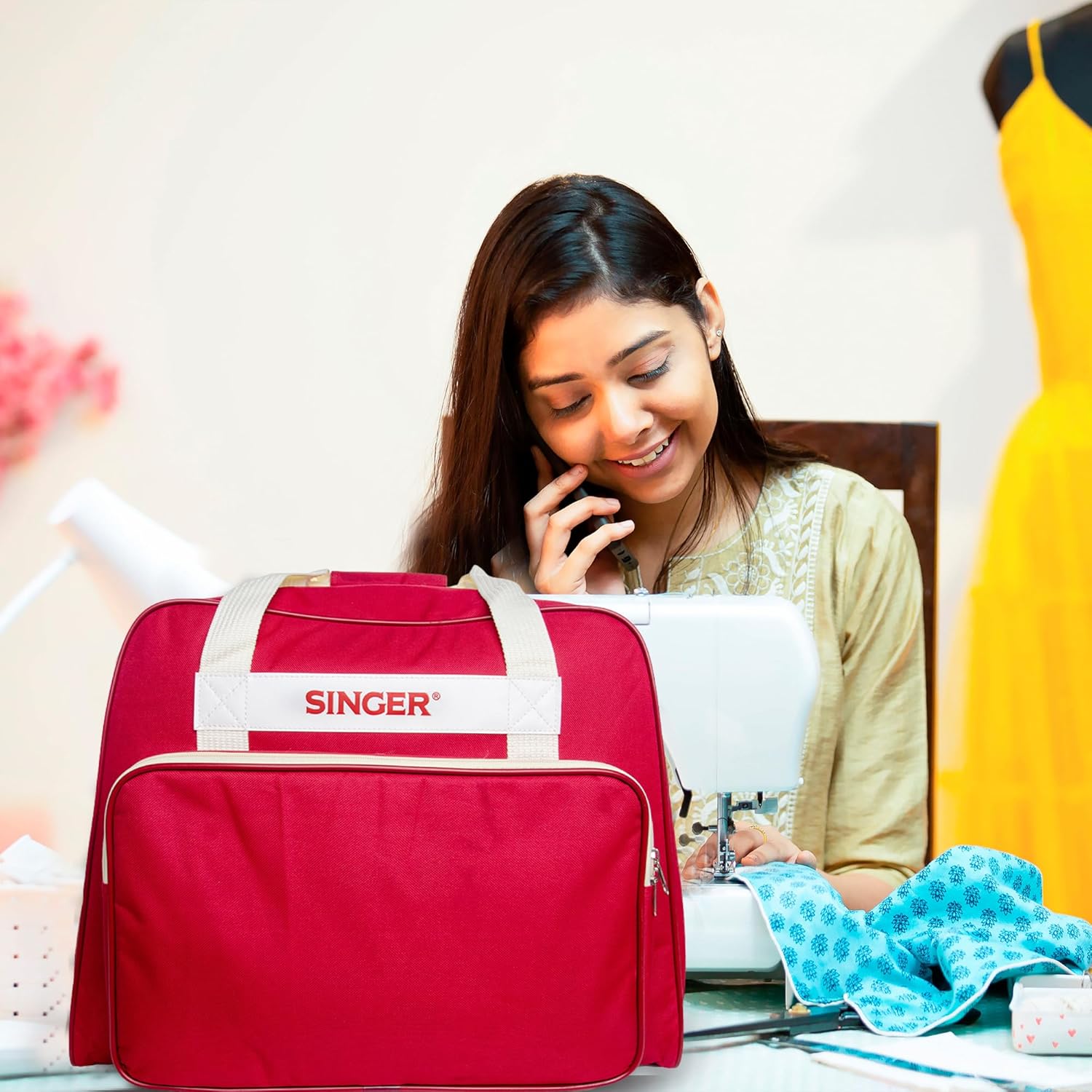 SINGER® Machine Carrying Case, Brick Color, Spacious Case Fits Most Standard Sewing Machines and Sergers, Fully-Padded Interior, Durable Canvas Exterior, Easy Zip, Large Front Pocket, Easy Transport