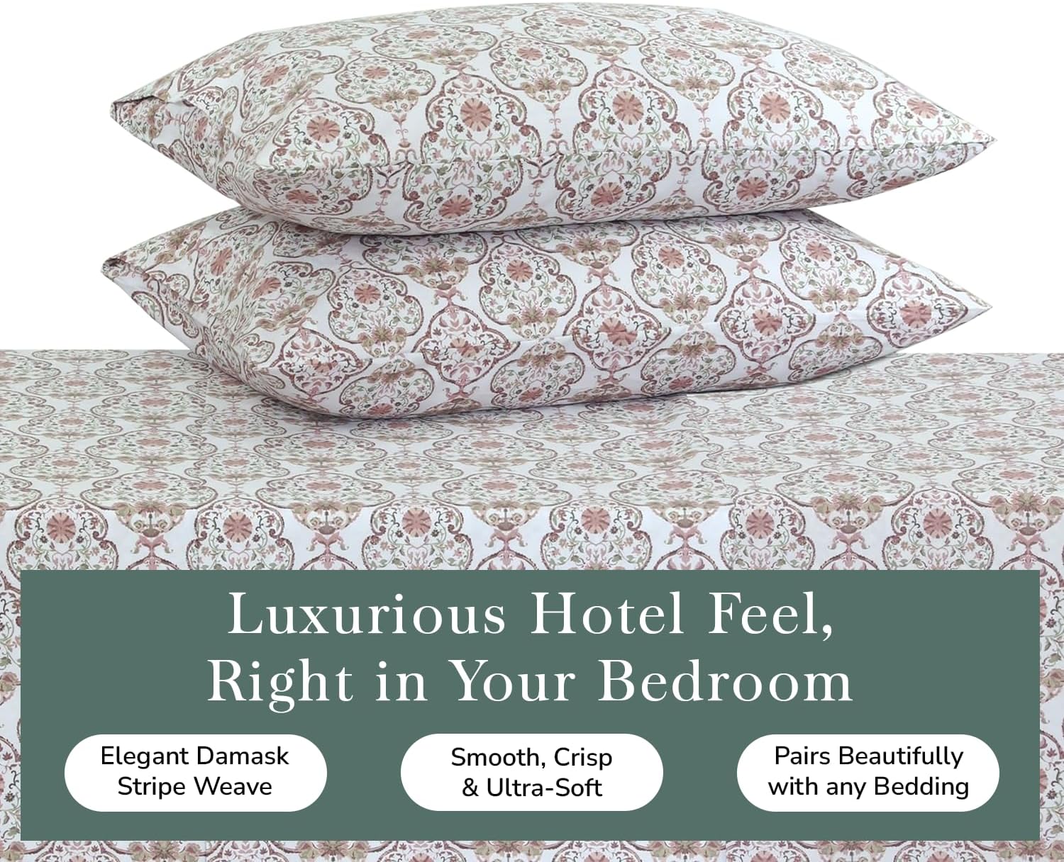 Feather & Stitch 100% Cotton Printed King Pillow Covers Set of 2, 500TC Envelope Closure Pillowcases, Soft Luxury Damask Sateen Weave Pillow Case for Sleeping, 20x40 Inches - Floral Bloom